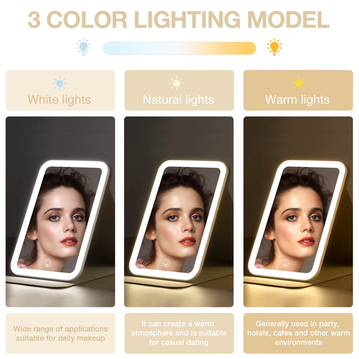Travel Makeup Mirror, Portable LED Lighted Makeup Mirror, 360° Rotation Touch Screen Vanity Mirror, 60 LEDs, 3-Color Dimmable Lighting, Rechargeable