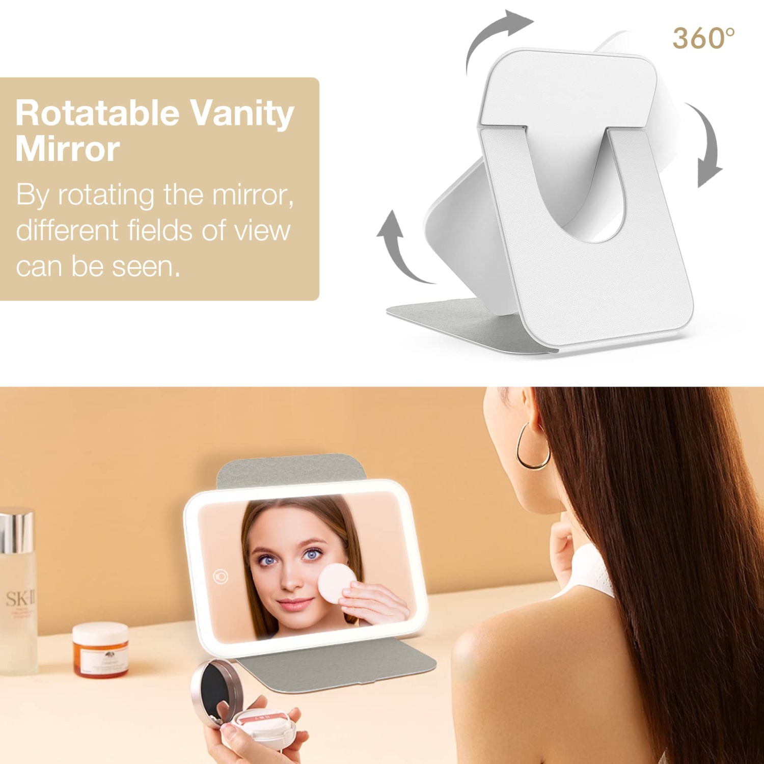 Travel Makeup Mirror, Portable LED Lighted Makeup Mirror, 360° Rotation Touch Screen Vanity Mirror, 60 LEDs, 3-Color Dimmable Lighting, Rechargeable