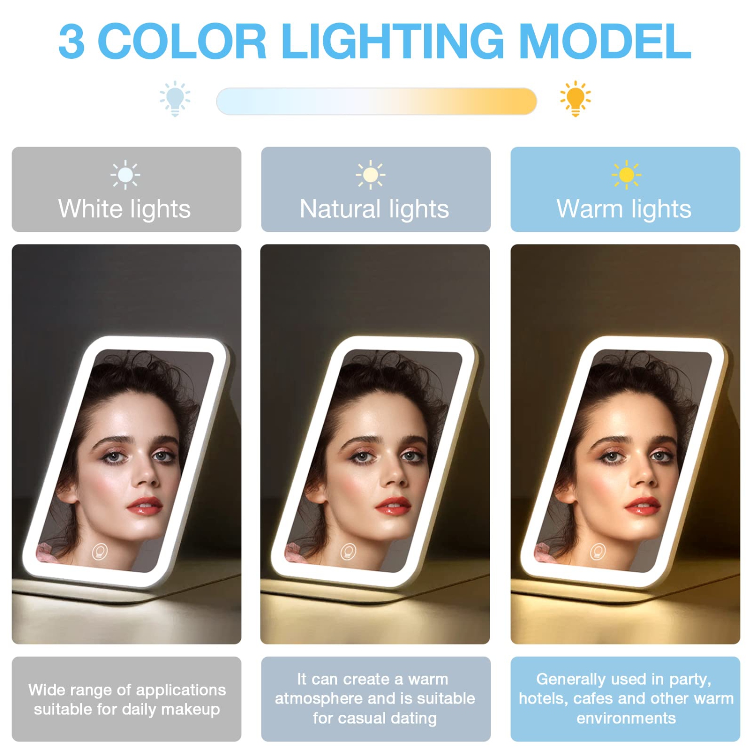 Travel Makeup Mirror, Portable LED Lighted Makeup Mirror, 360° Rotation Touch Screen Vanity Mirror, 60 LEDs, 3-Color Dimmable Lighting, Rechargeable