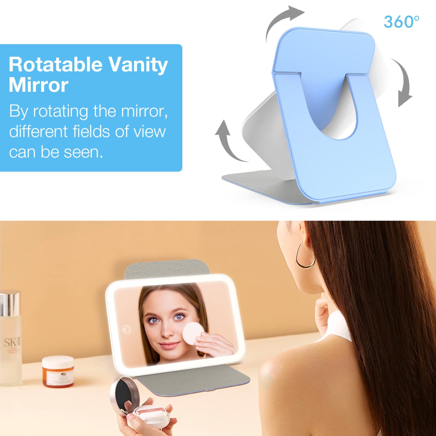 Travel Makeup Mirror, Portable LED Lighted Makeup Mirror, 360° Rotation Touch Screen Vanity Mirror, 60 LEDs, 3-Color Dimmable Lighting, Rechargeable