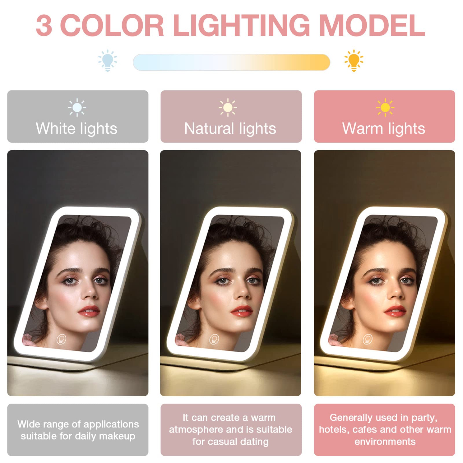 Travel Makeup Mirror, Portable LED Lighted Makeup Mirror, 360° Rotation Touch Screen Vanity Mirror, 60 LEDs, 3-Color Dimmable Lighting, Rechargeable