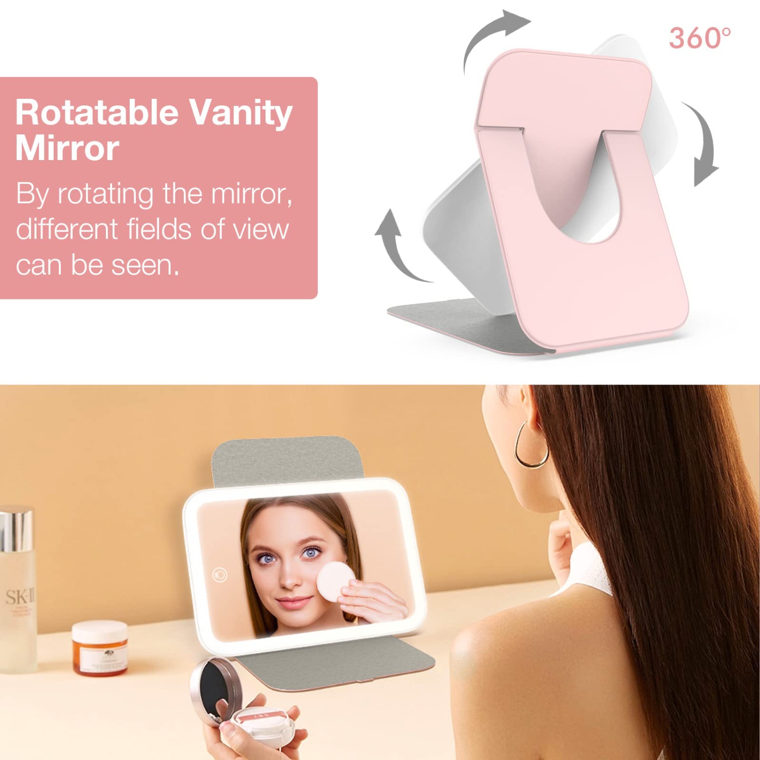 Travel Makeup Mirror, Portable LED Lighted Makeup Mirror, 360° Rotation Touch Screen Vanity Mirror, 60 LEDs, 3-Color Dimmable Lighting, Rechargeable