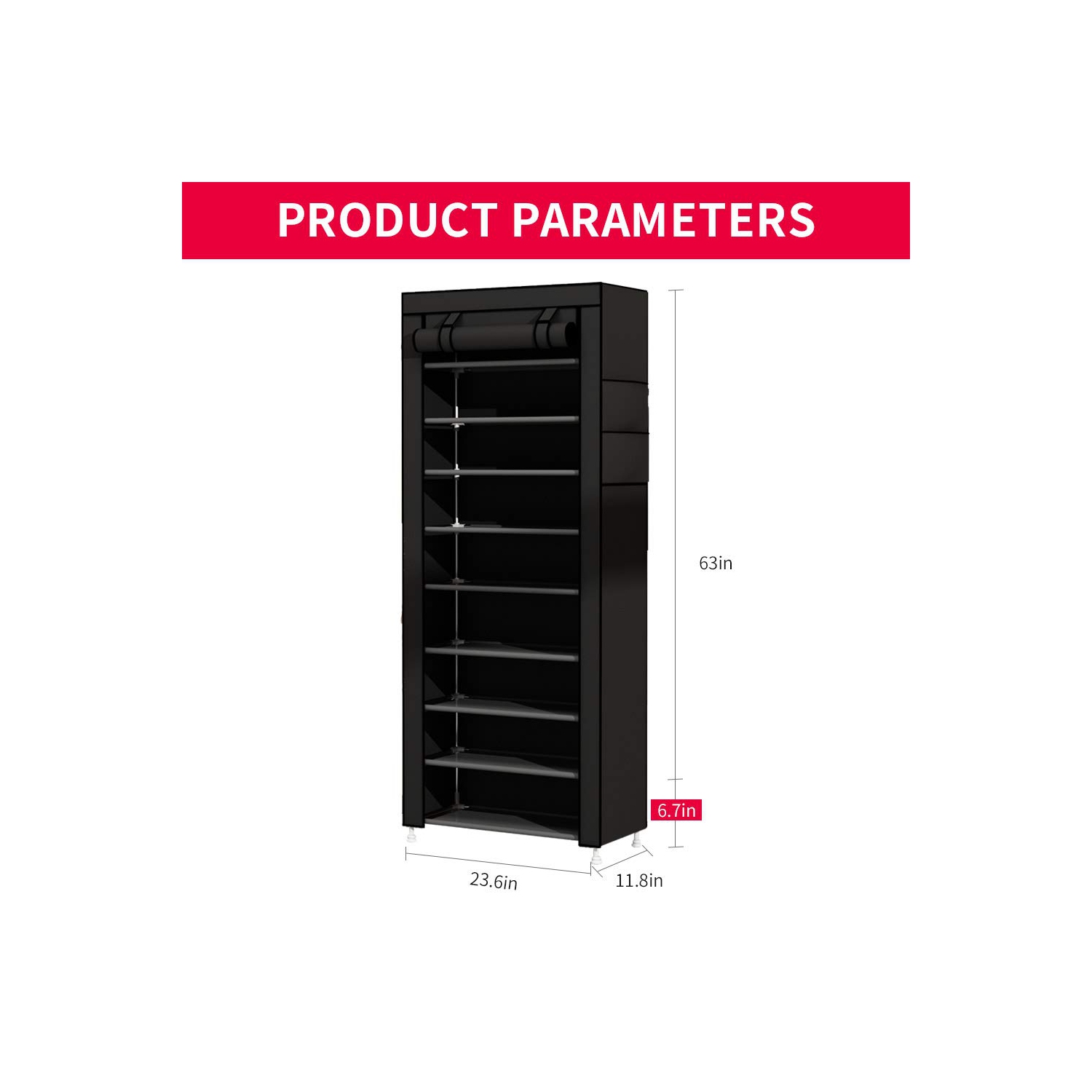 Étagère à chaussures à 9 niveaux avec tablette de rangement à couvercle hermétique à la poussière pour chaussures, noir