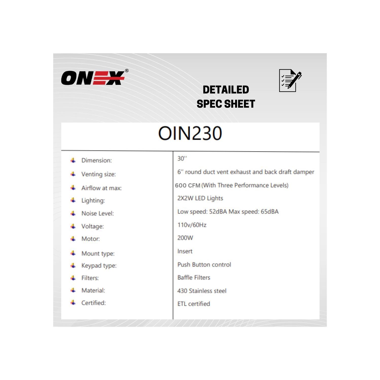 Hotte de dessous d'armoire en acier inoxydable ONEX® OIN236 36&nbsp;po.