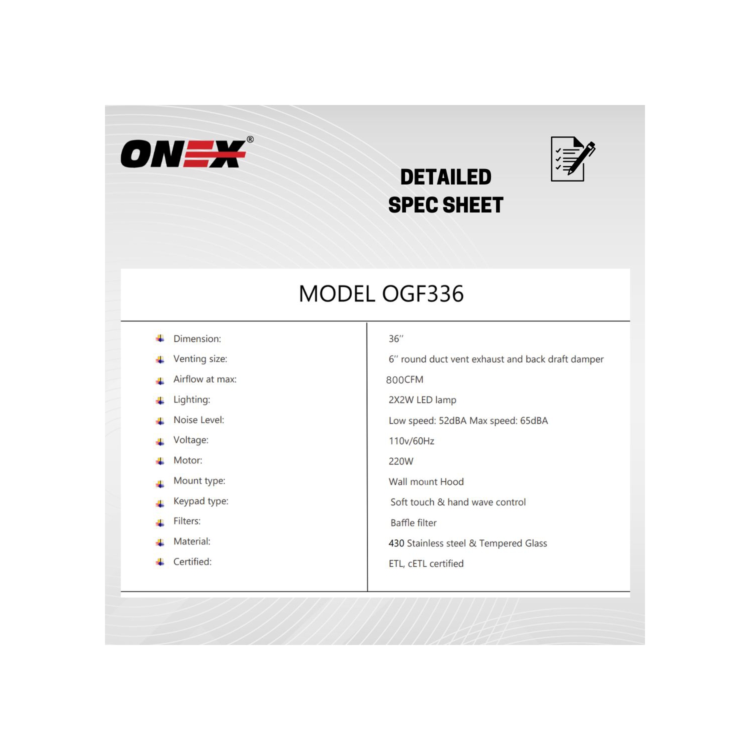 Hotte murale en acier inoxydable noir ONEX® OGF336-BL 36&nbsp;po.