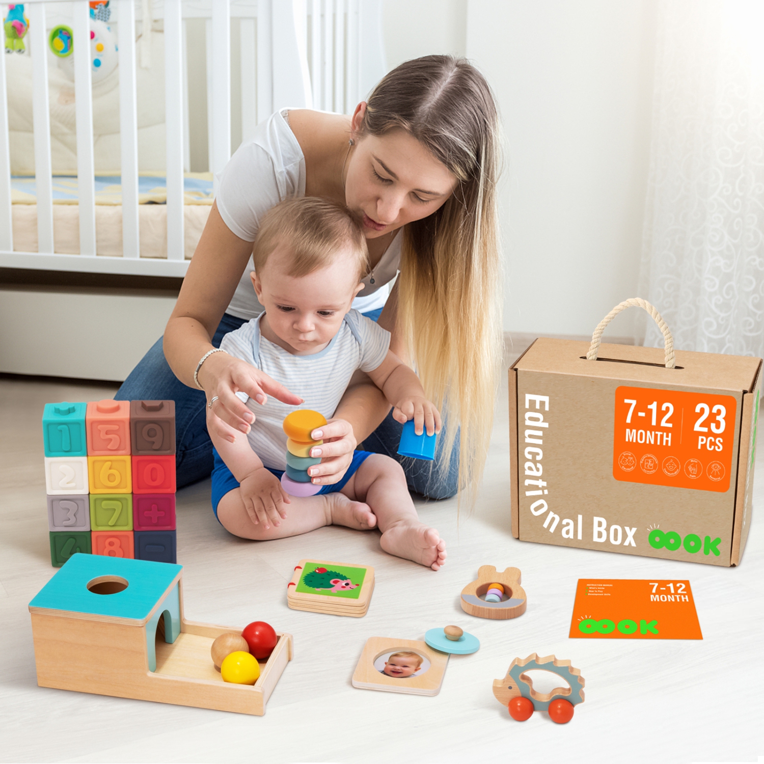 Ensemble de jouets d'apprentissage précoce de TOOKYLAND - Ensemble de jeu Montessori éducatif 6-en-1; jouets en bois pour bébé de 7-12 mois et plus