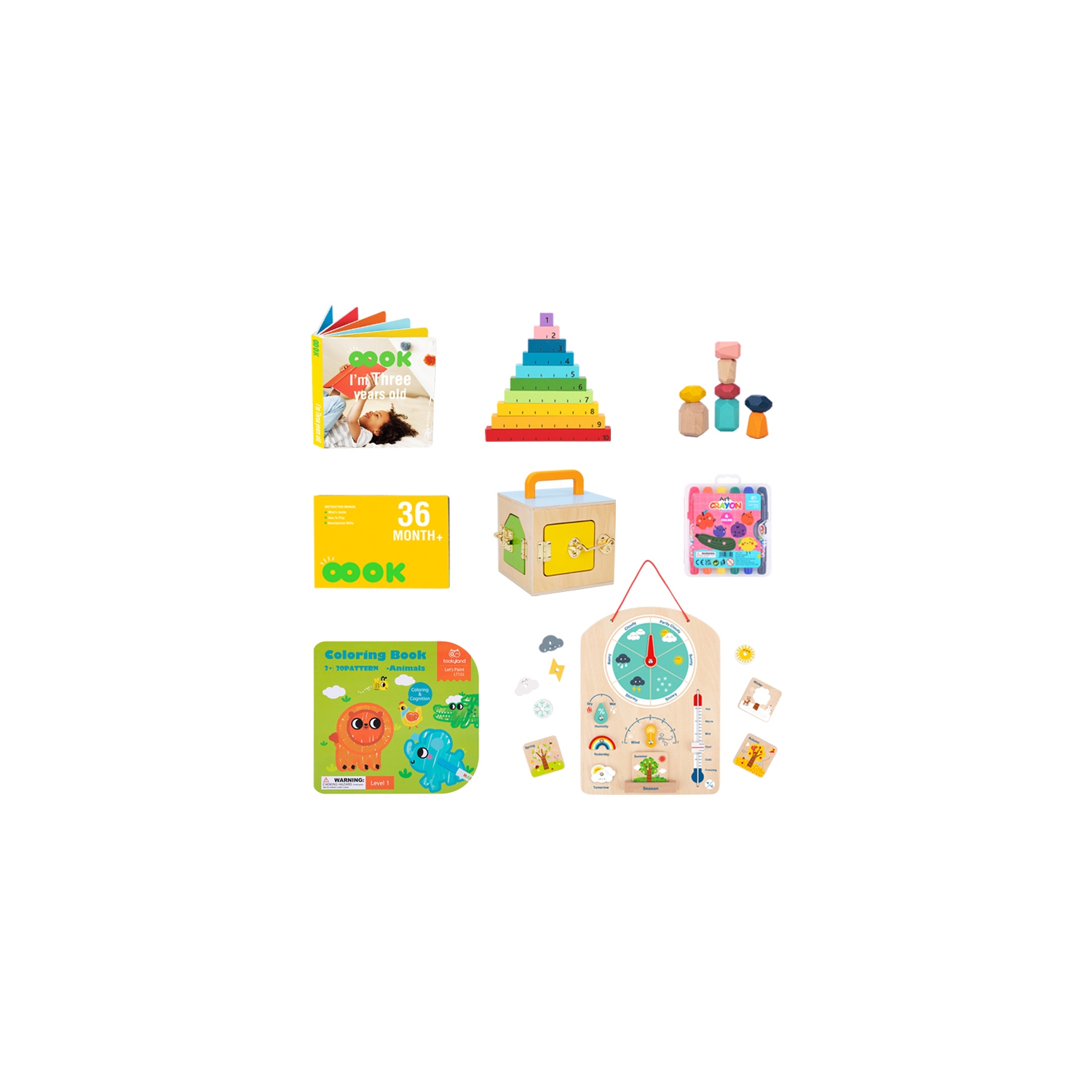 Ensemble de jouets d'apprentissage précoce TOOKYLAND - Ensemble de jeu Montessori éducatif 6-en-1; jouets en bois pour tout-petits de 3 ans et plus
