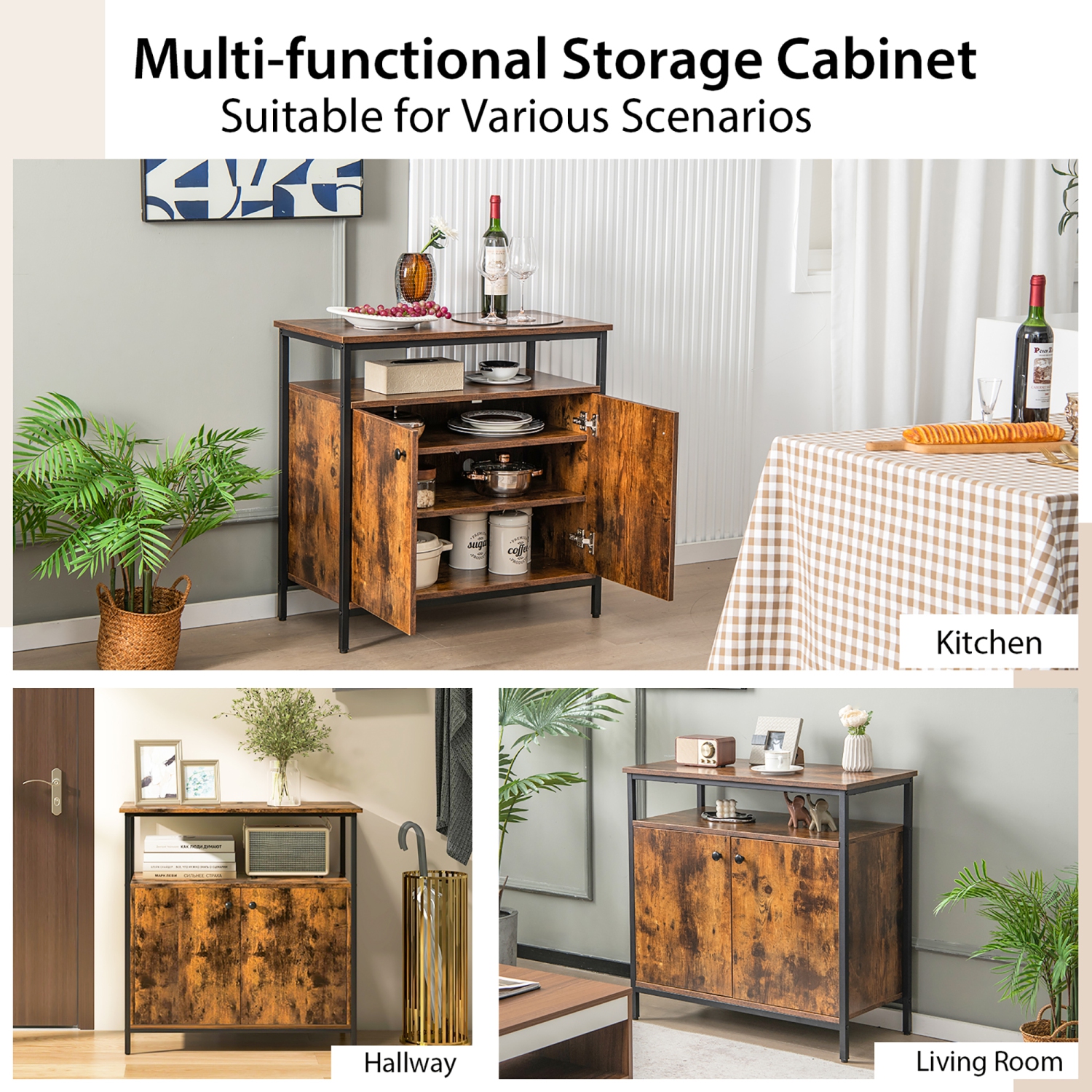Costway Industrial 2-Door Buffet Sideboard Kitchen Cupboard Storage Cabinet withOpen Shelf