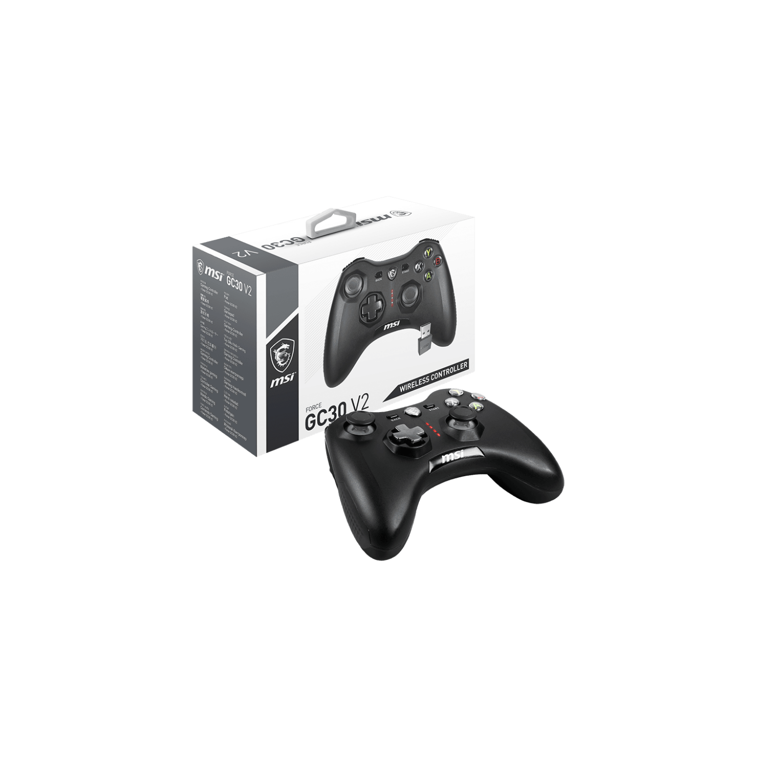 Manette de jeu sans fil noire Force GC30 V2 de MSI, deux moteurs de vibration, deux modes de connexion, Interchangable D-Pad, compatible avec PC et