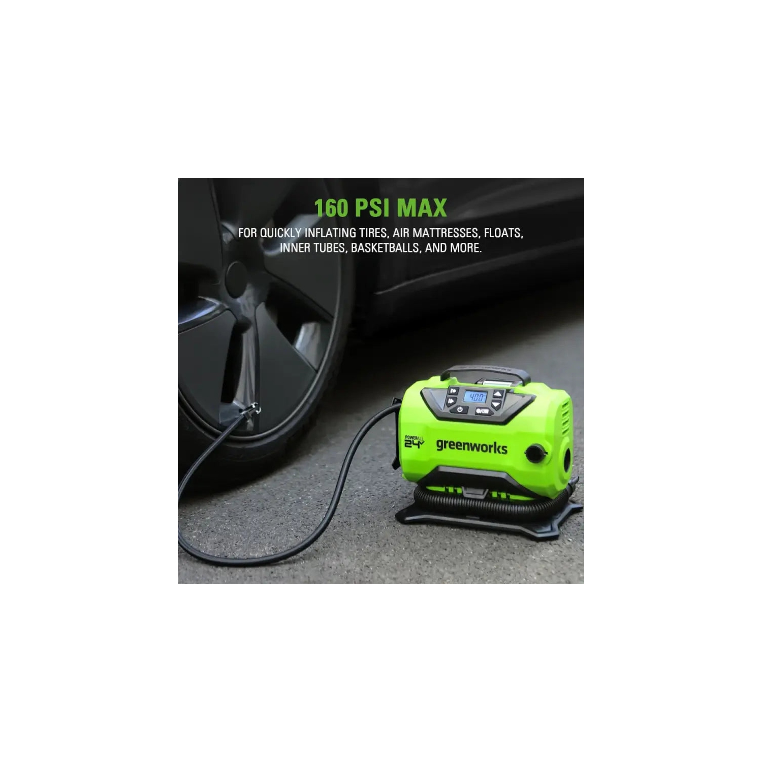 Compresseur d'air portatif 24 V – pompe à air sans fil pour pneus, pression maximale de 160 lb/po2, batterie de 2,0Ah V incluse