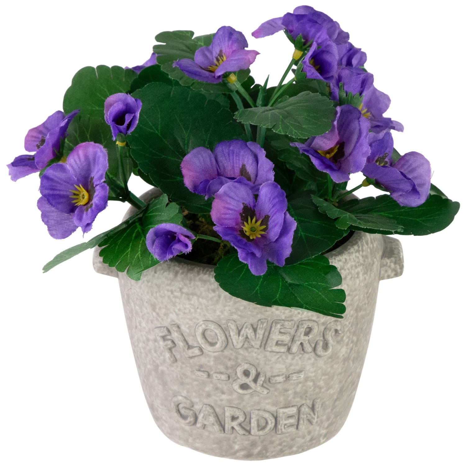 Pansy Artificial Floral Arrangement in "Flowers & Garden" Pot - 7" - Purple