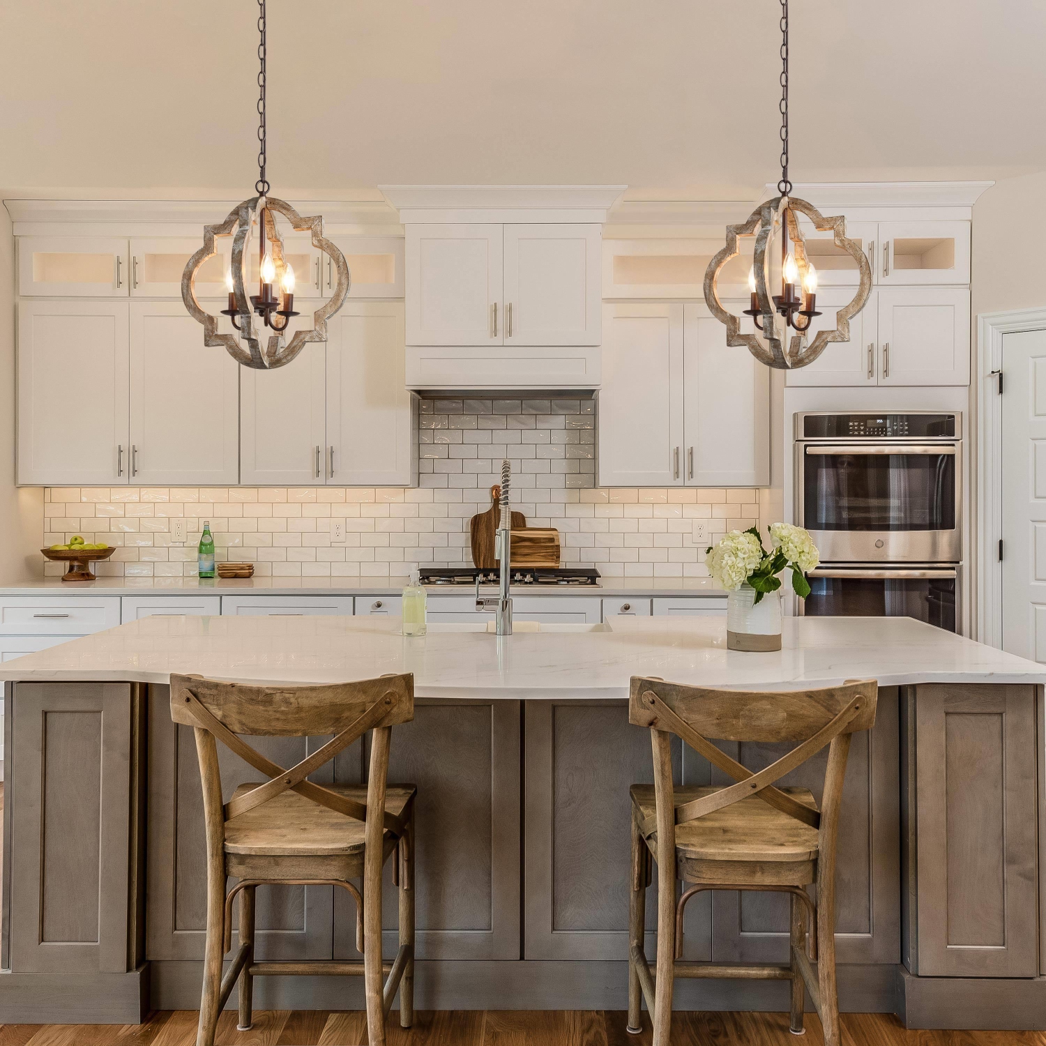 Modern Farmhouse Distressed Wood Lantern Foyer Chandelier for Dining Room