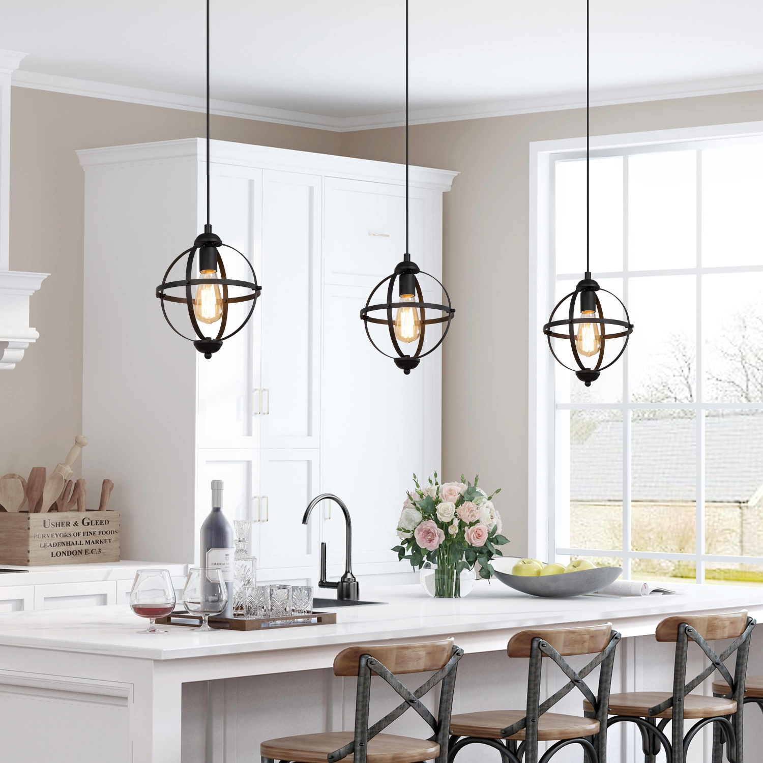 Modern Farmhouse Black 1-Light Globe Pendant Transitional Metal Island Light for Dining Room