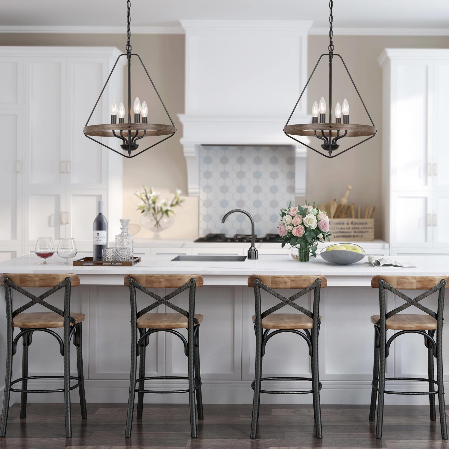 Modern Farmhouse 4-Light Lantern Cage Candle Chandelier for Dining Room