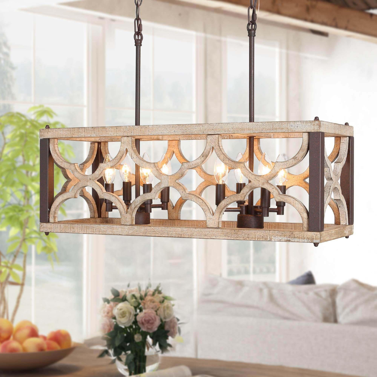 Azizon Farmhouse 8-Light 27.5" Distressed Wood Linear Chandelier