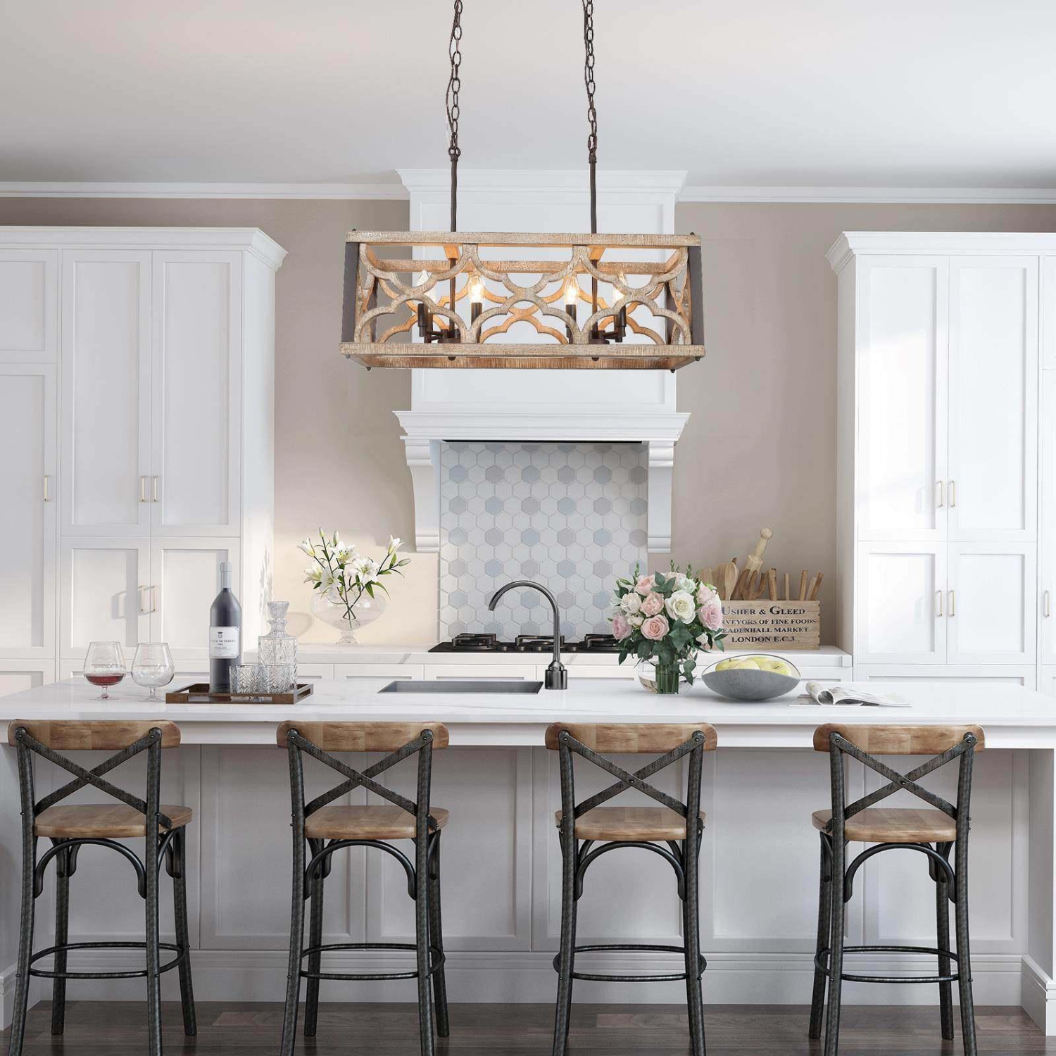 Azizon Farmhouse 8-Light 27.5" Distressed Wood Linear Chandelier