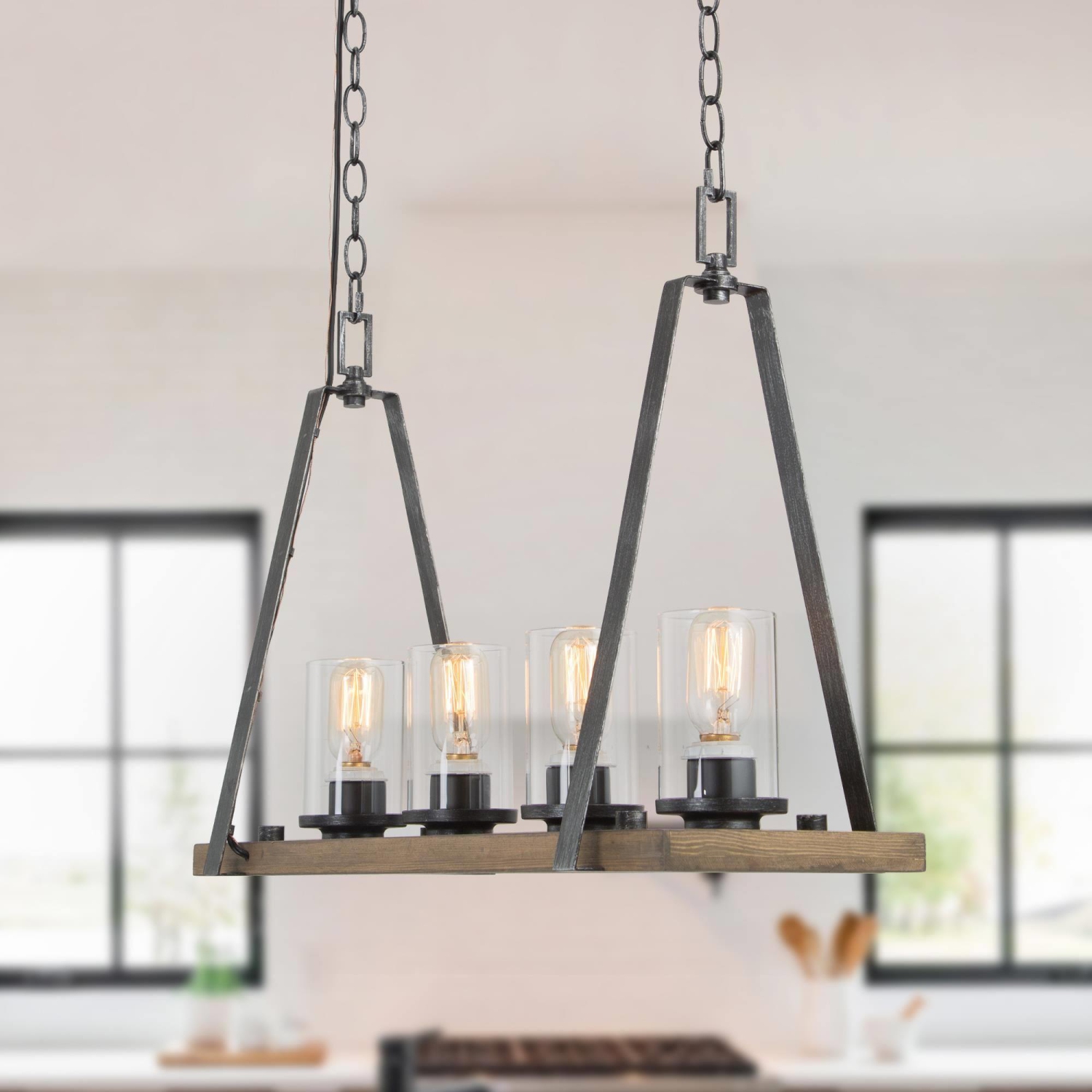 Farmhouse 4-lights Wood Linear Chandelier with Glass Shades