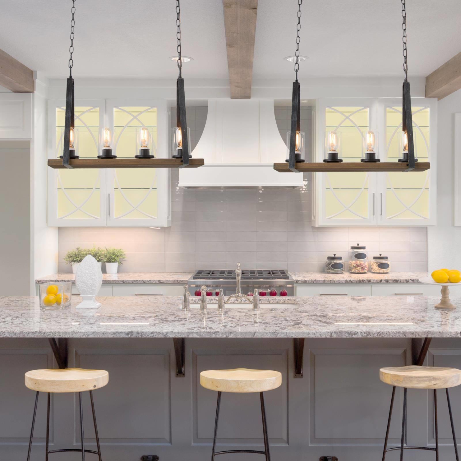 Farmhouse 4-lights Wood Linear Chandelier with Glass Shades