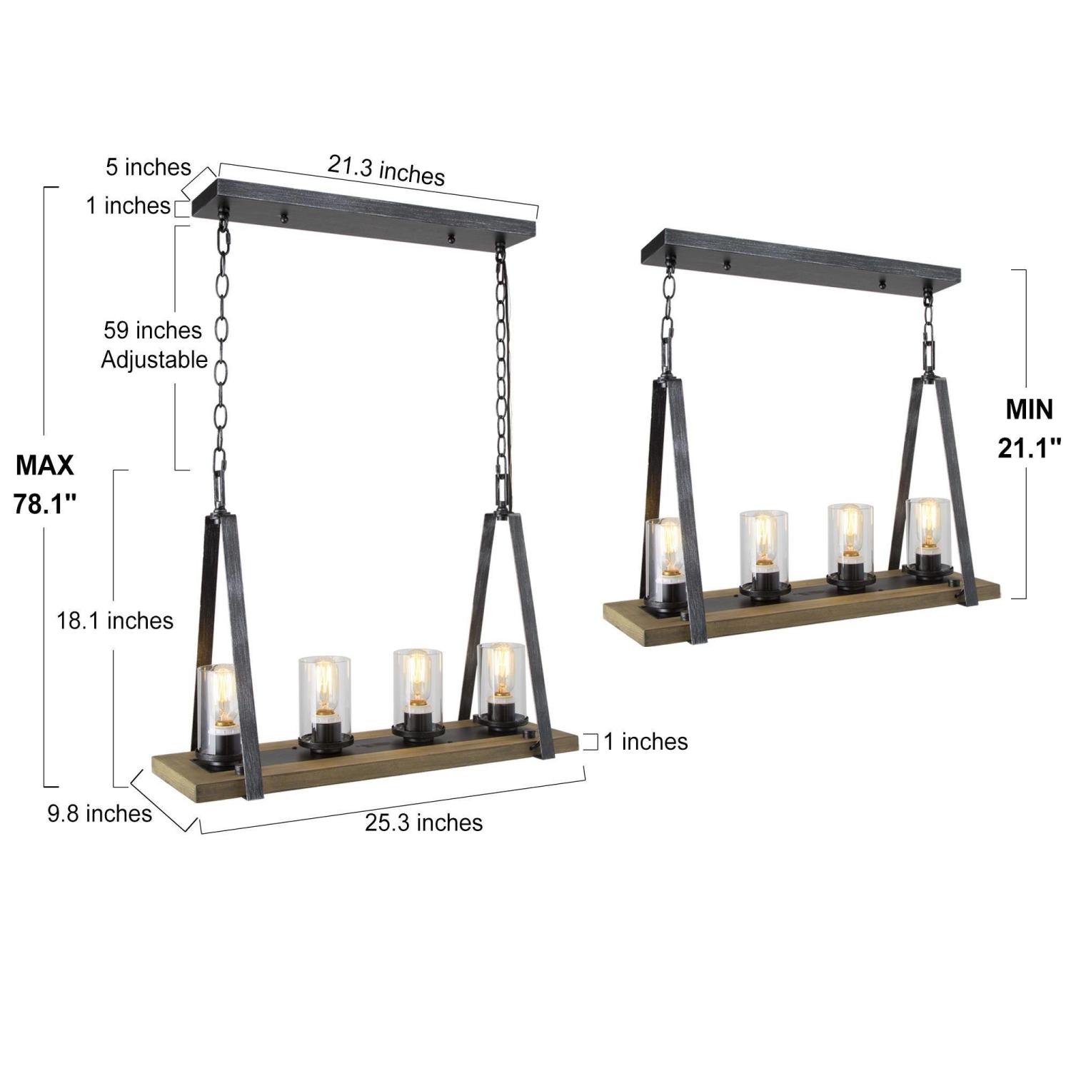 Farmhouse 4-lights Wood Linear Chandelier with Glass Shades