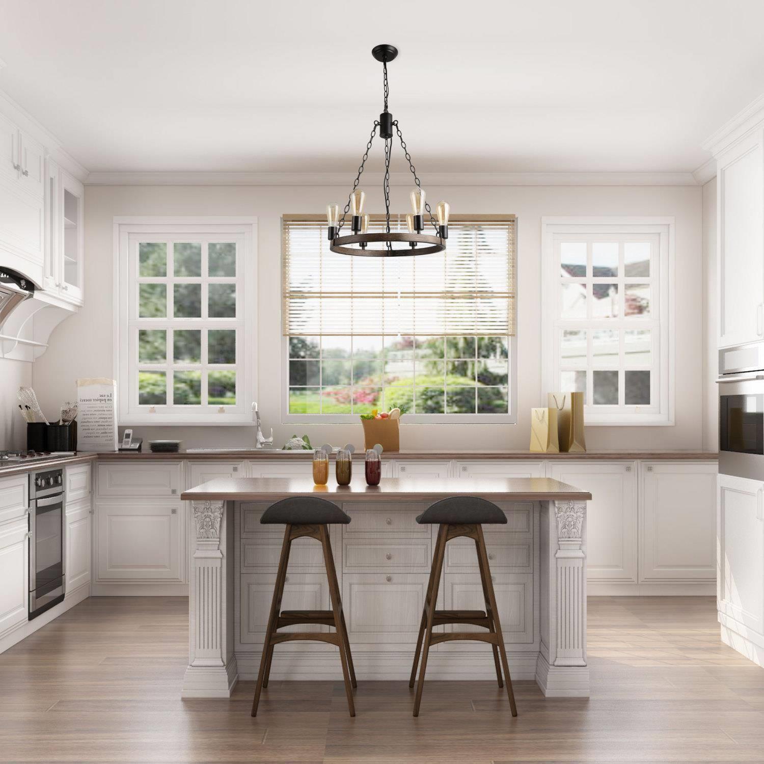 Le lustre à 6 lampes en forme de roue de ferme de grange grise pour îlot de cuisine, salle de plongée