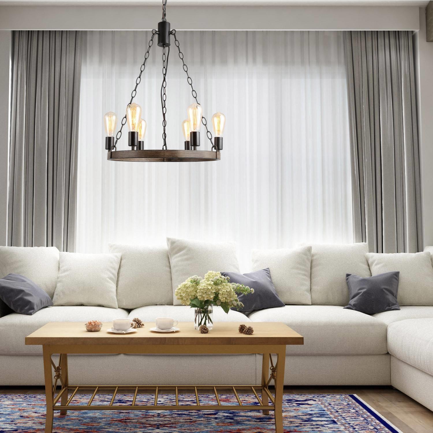 Le lustre à 6 lampes en forme de roue de ferme de grange grise pour îlot de cuisine, salle de plongée