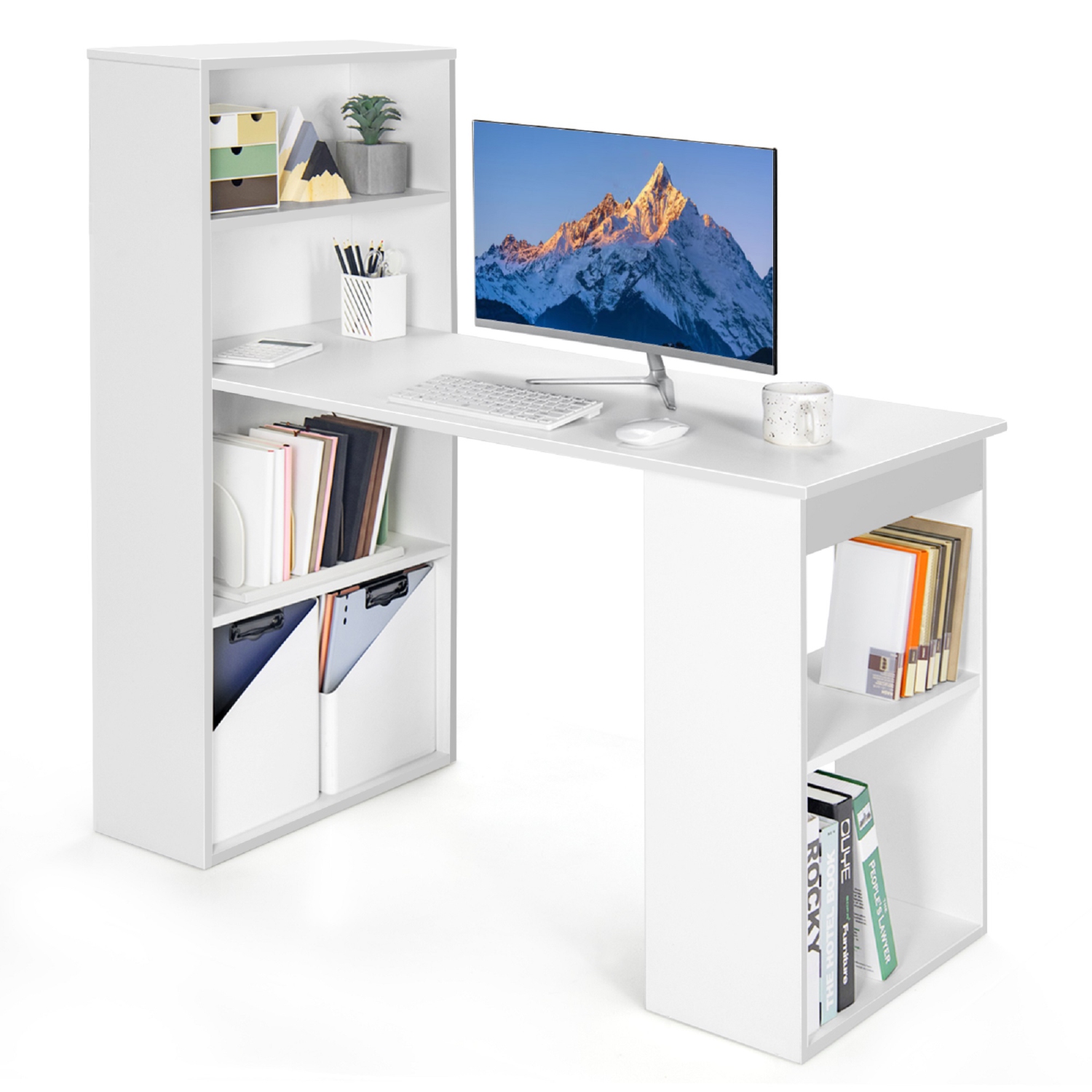 Topbuy 48 Inch Computer Desk with Bookshelf 3-in-1 Home office Desk with 4-Tier Bookcase & CPU Stand Space-saving Reversible Writing Desk Black/White