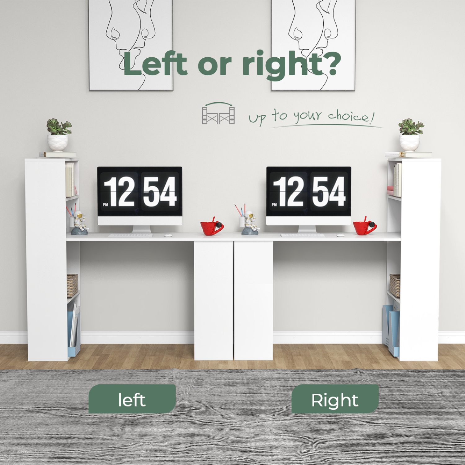 Topbuy 48 Inch Computer Desk with Bookshelf 3-in-1 Home office Desk with 4-Tier Bookcase & CPU Stand Space-saving Reversible Writing Desk Black/White