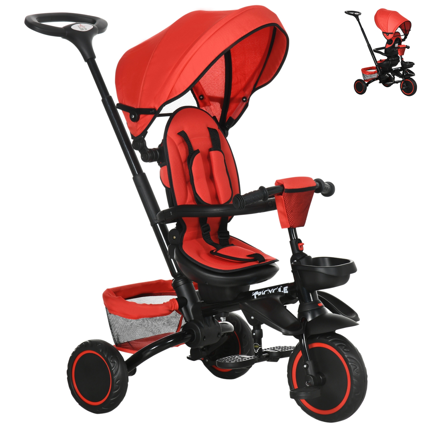 Aosom 6-in-1 Toddler Tricycle for 12-50 Months, Foldable Kids Trike with Adjustable Seat and Push Handle, Safety Harness, Removable Canopy, Footrest, Red