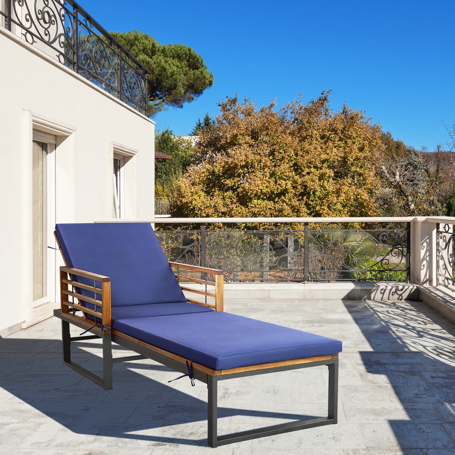 Gymax Outdoor Chaise Lounge Chair w/ 4-Position Adjustable Backrest Poolside Patio Navy
