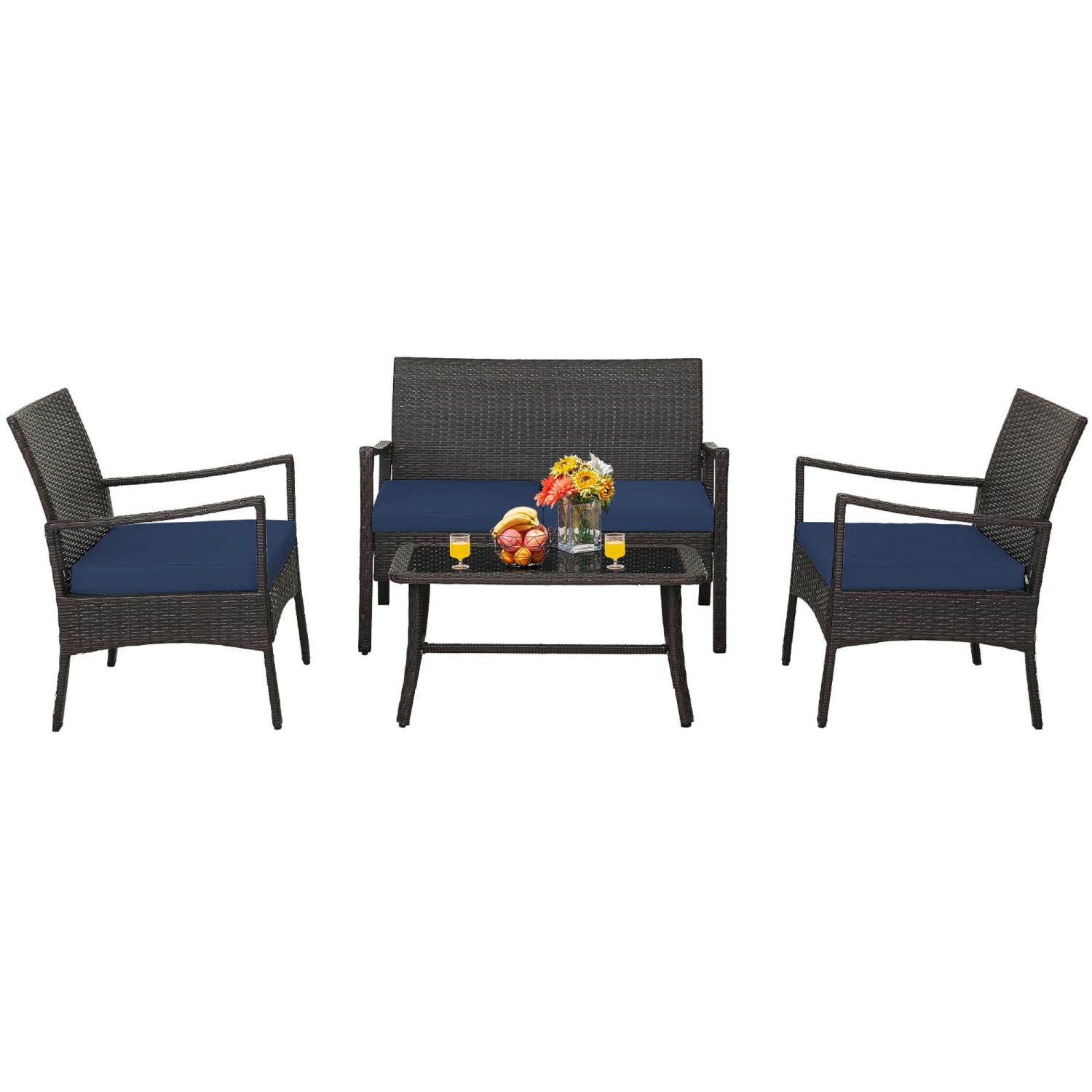 Ensemble de meubles de patio en rotin 4PCS de Costway avec accoudoir rembourré et accoudoir avec table basse, bleu marine