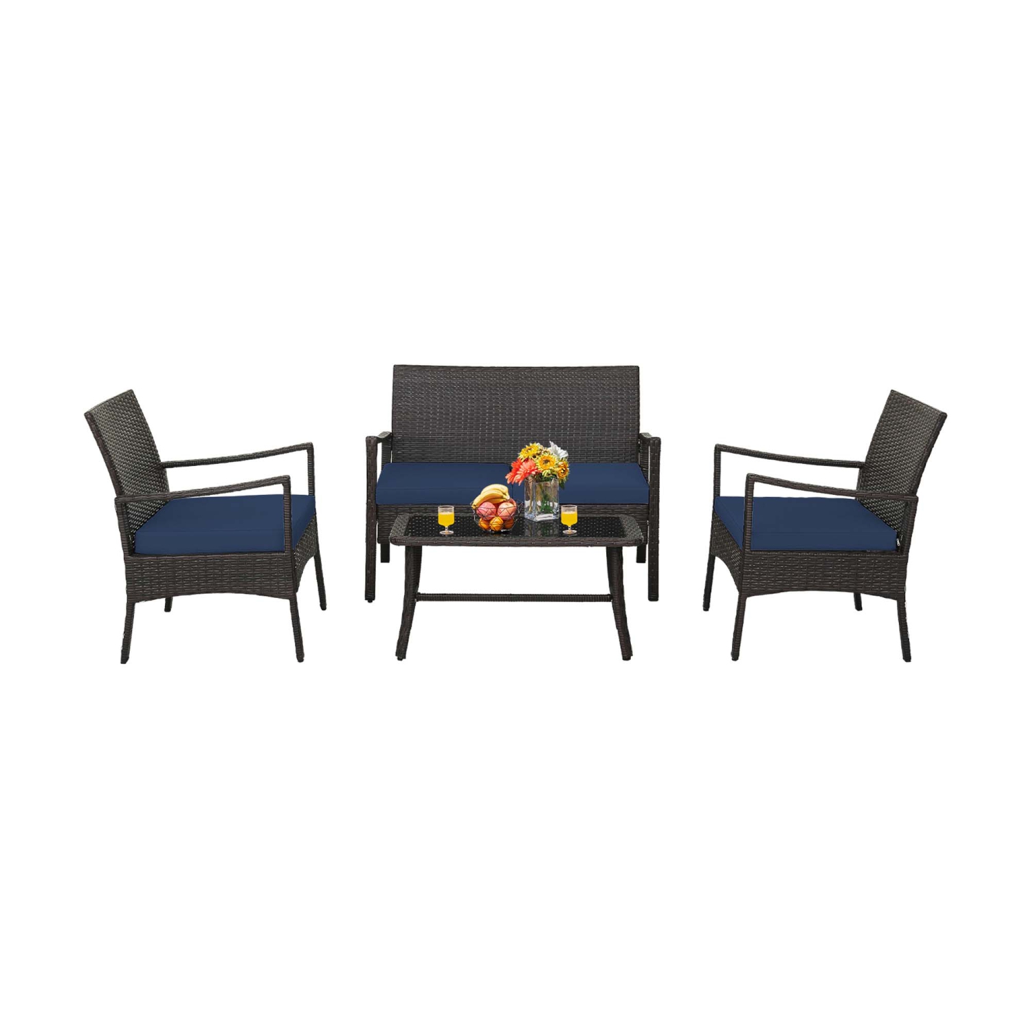 Ensemble de meubles de patio en rotin 4PCS de Costway avec accoudoir rembourré et accoudoir avec table basse, bleu marine