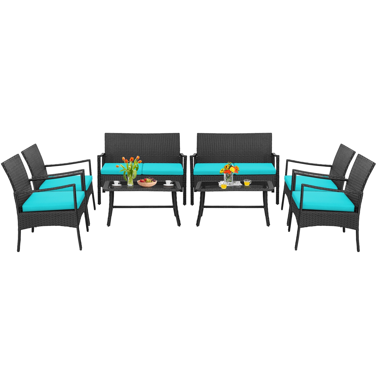 Costway 8PCS Patio Wicker Furniture Set Cushioned Chairs& Loveseat with Coffee Table Garden
