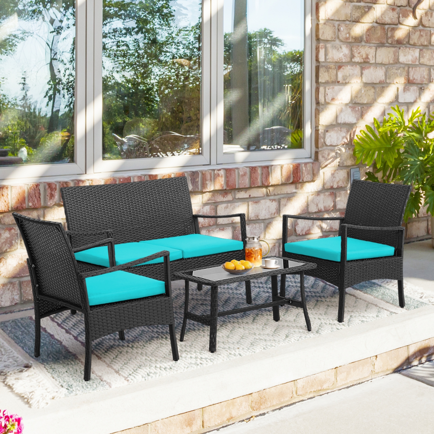 Costway 8PCS Patio Wicker Furniture Set Cushioned Chairs& Loveseat with Coffee Table Garden