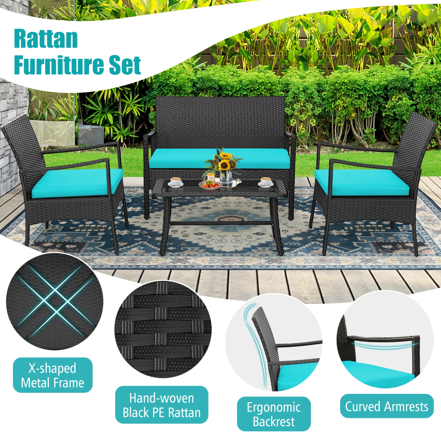 Costway 8PCS Patio Wicker Furniture Set Cushioned Chairs& Loveseat with Coffee Table Garden