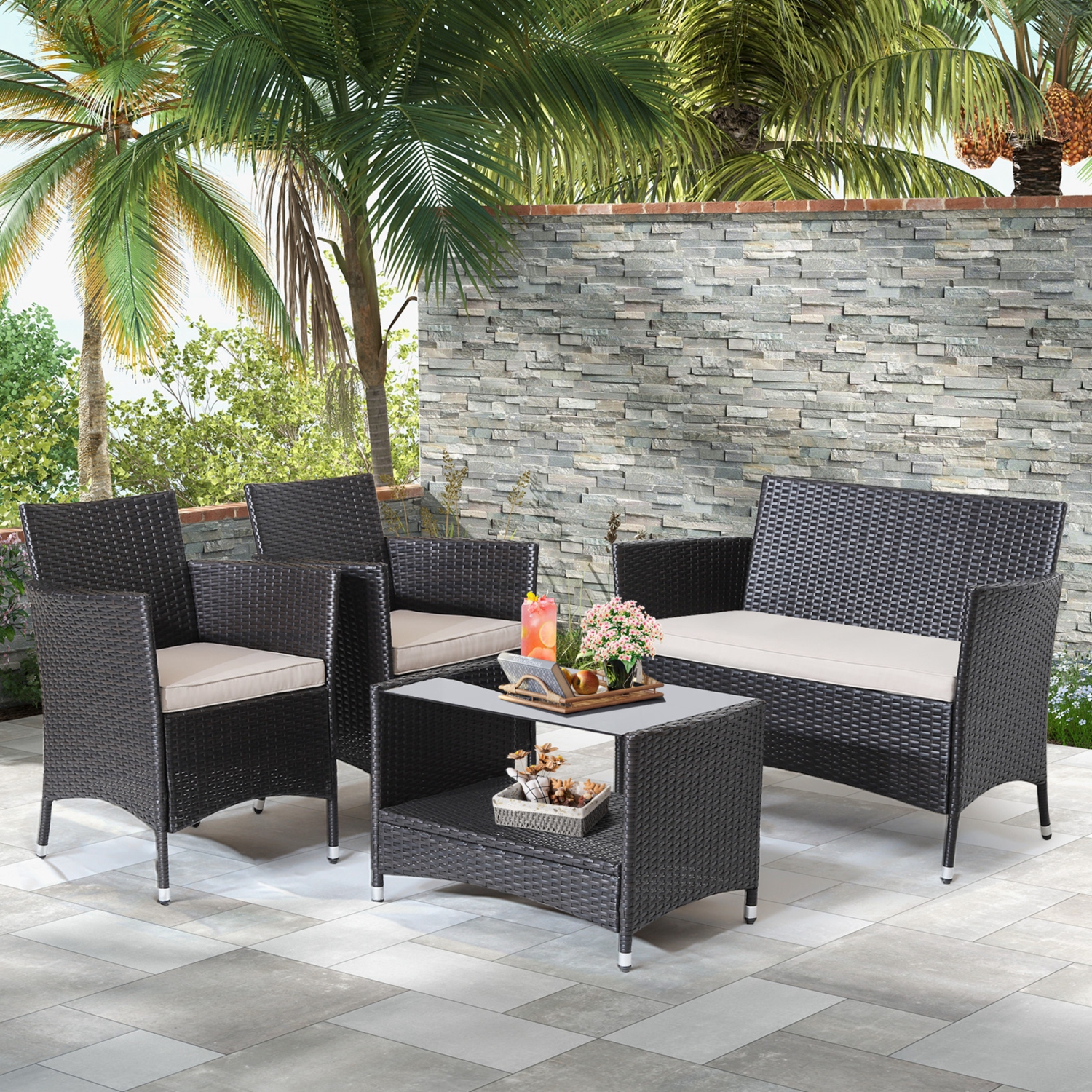 Ensemble de meubles de patio en rotin 8PCS de Costway avec accoudoir, table basse avec étagère de jardin