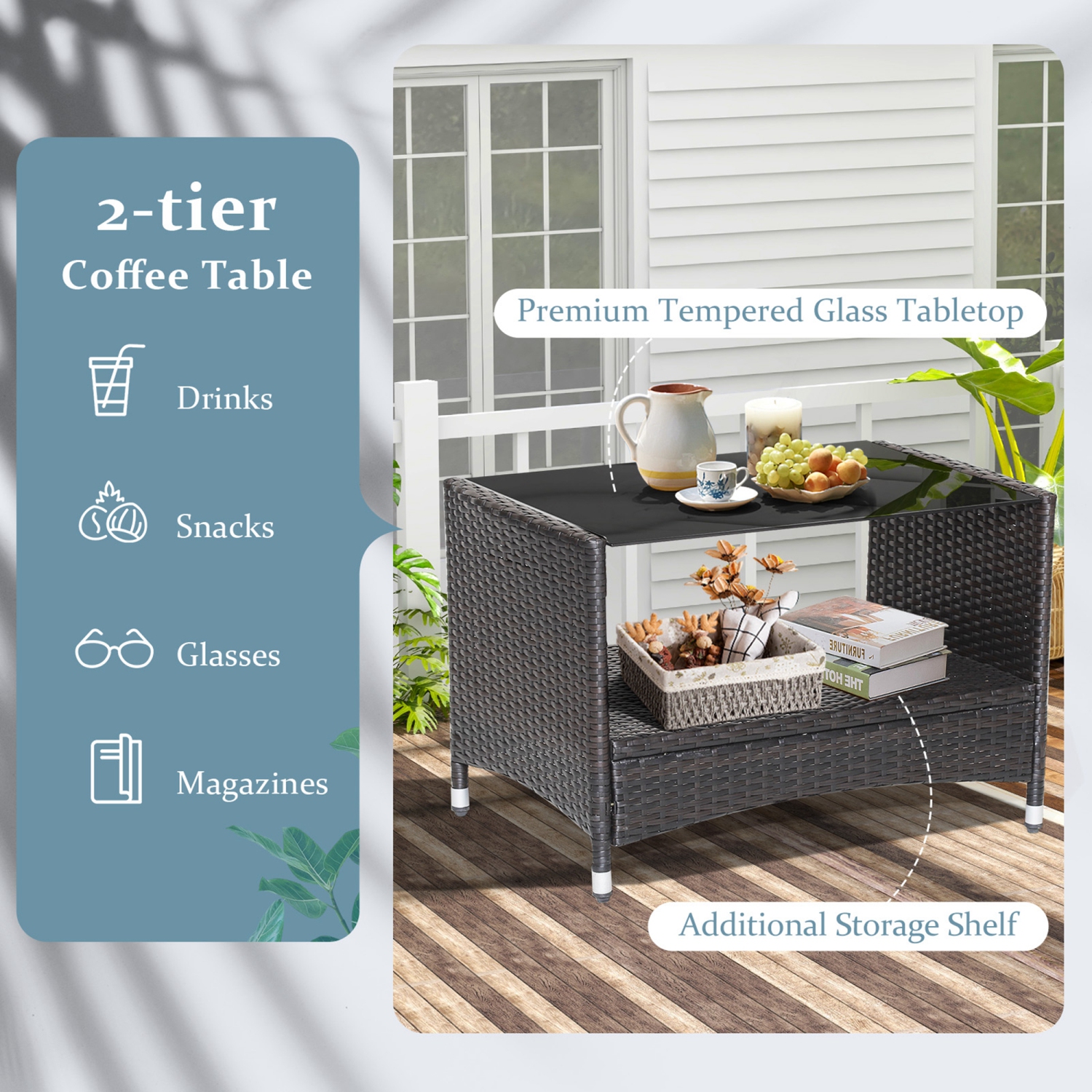 Ensemble de meubles de patio en rotin 8PCS de Costway avec accoudoir, table basse avec étagère de jardin