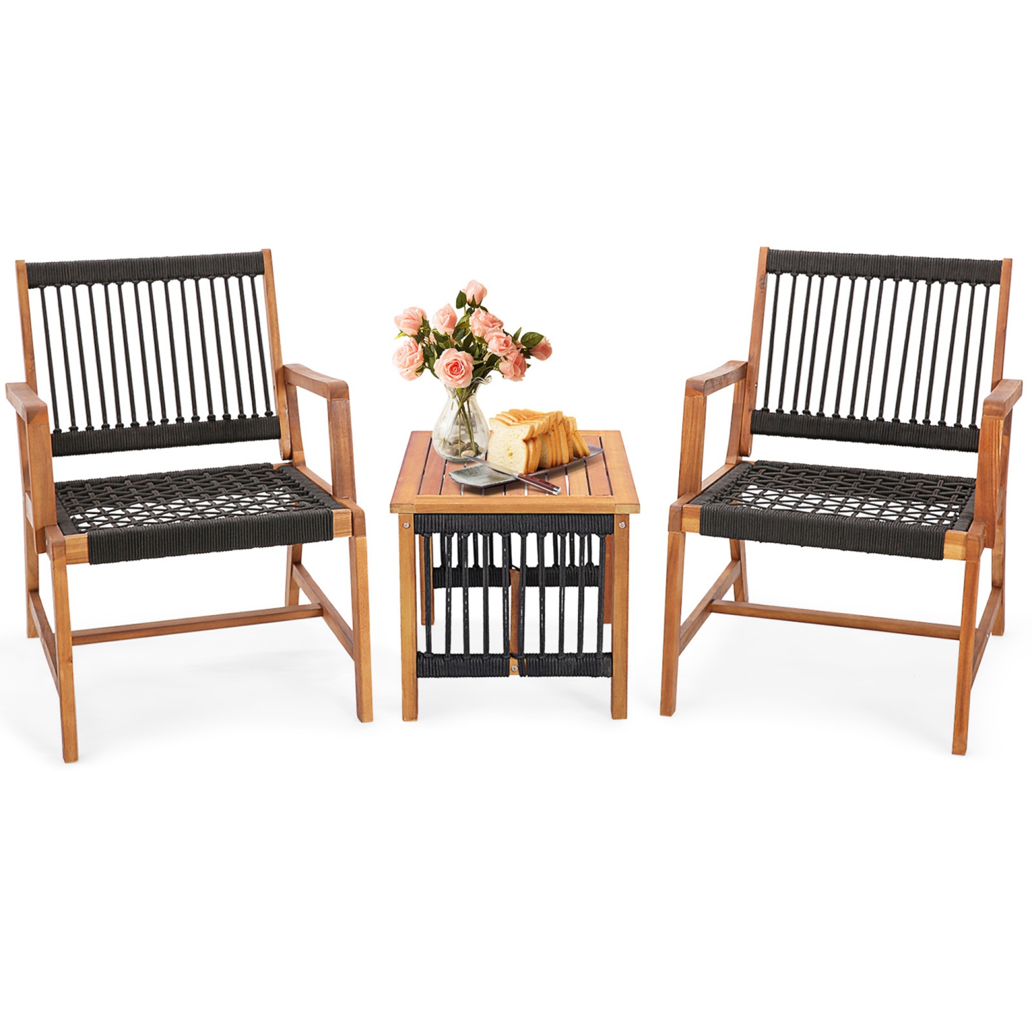Costway Patio 3pcs Acacia Wood Outdoor Furniture Bistro Set All-Weather Rope Woven