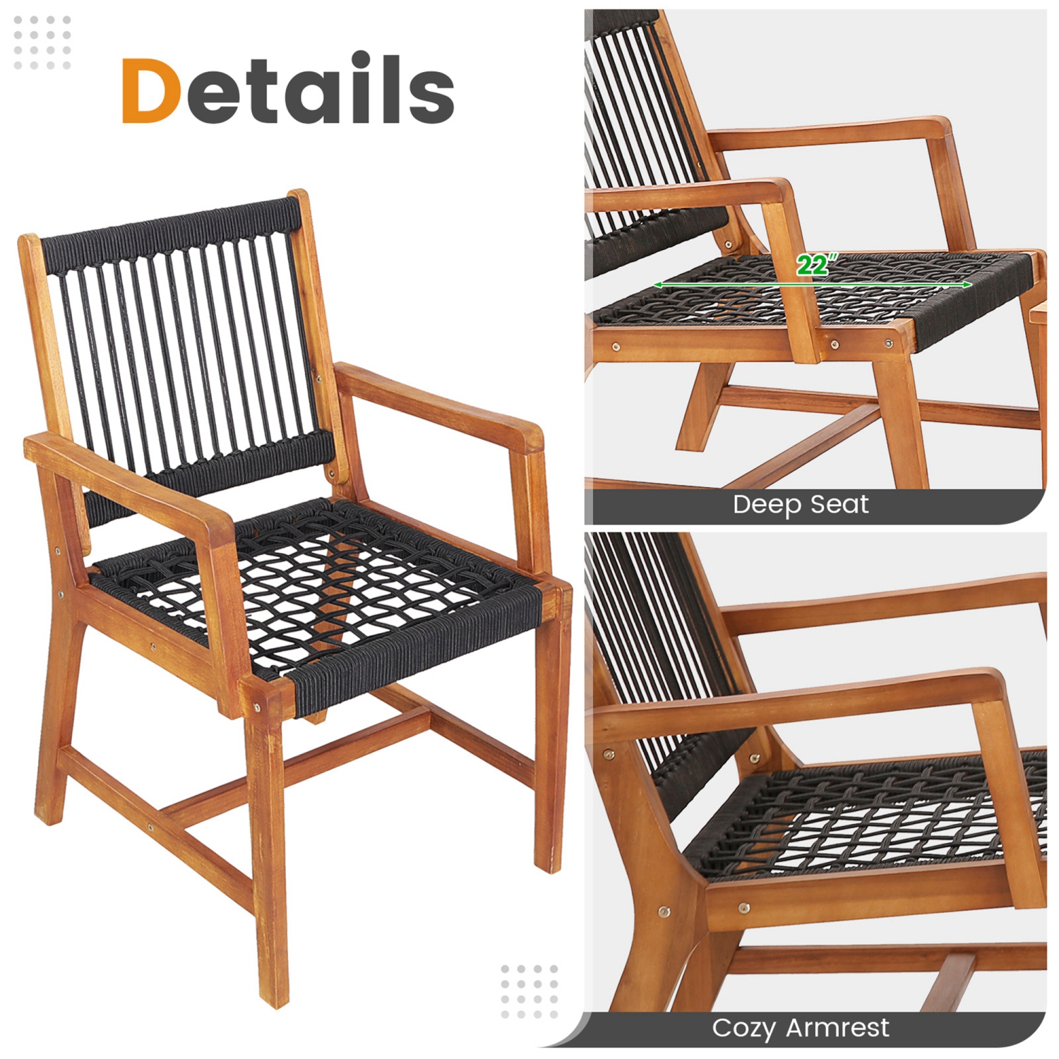 Costway Patio 3pcs Acacia Wood Outdoor Furniture Bistro Set All-Weather Rope Woven