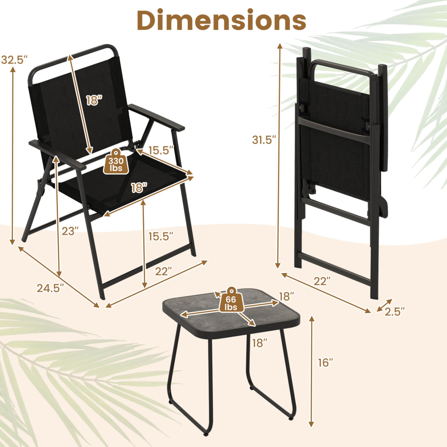 Costway 3pcs Patio Folding Conversation Chairs&Table Heavy-Duty Metal Outdoor Portable