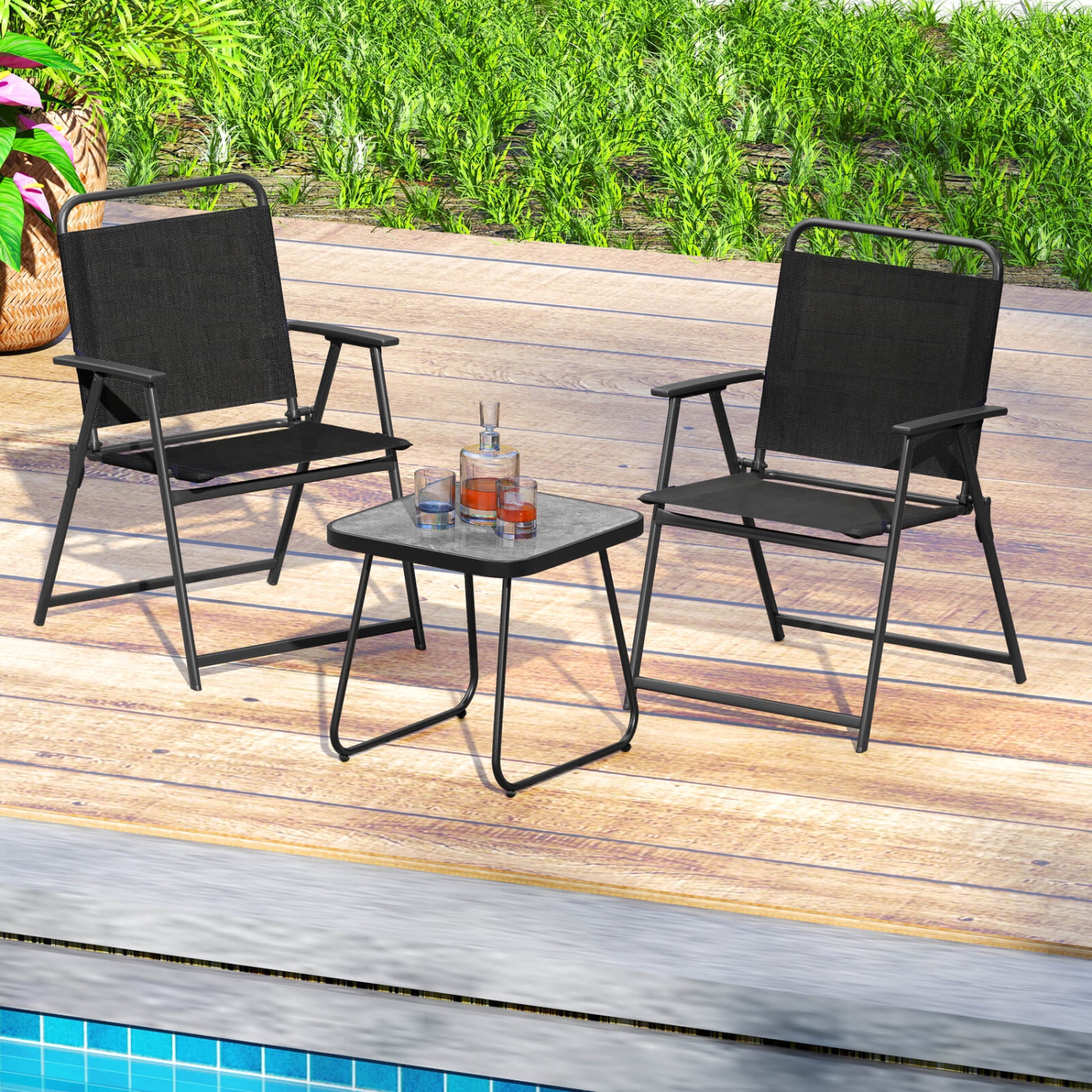 Costway 3pcs Patio Folding Conversation Chairs&Table Heavy-Duty Metal Outdoor Portable