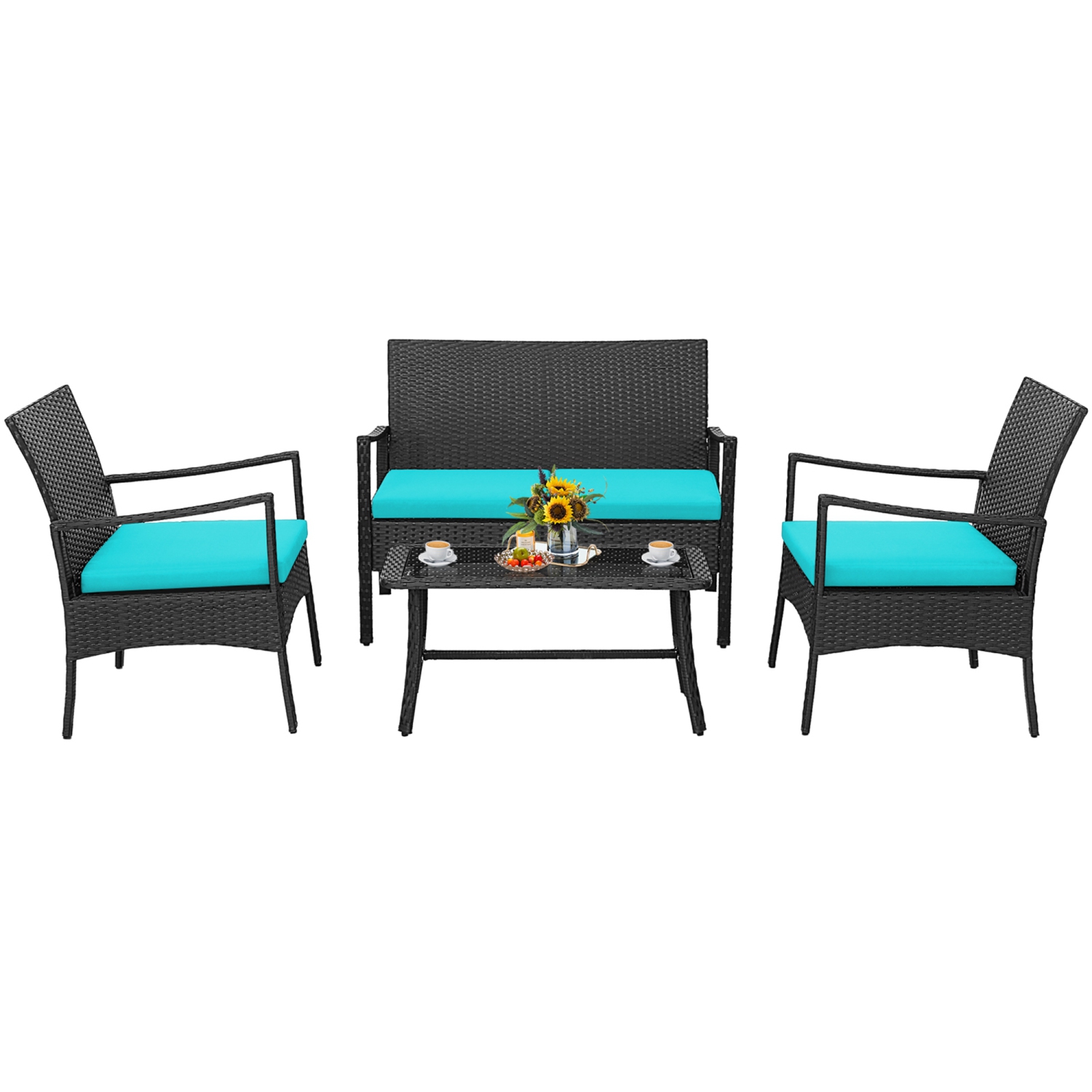 Costway 4PCS Patio Wicker Furniture Set Cushioned Chairs& Loveseat with Coffee Table Garden