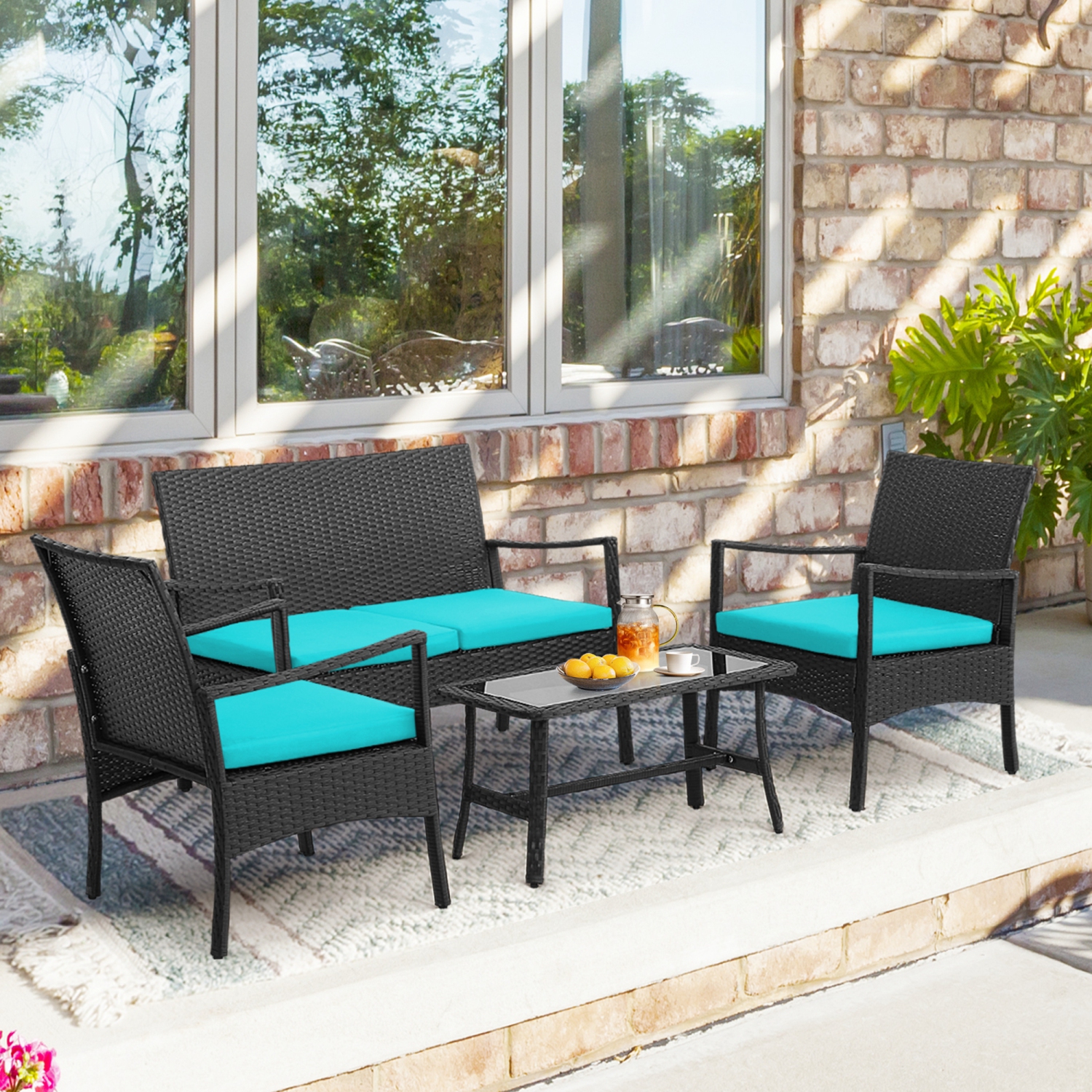Costway 4PCS Patio Wicker Furniture Set Cushioned Chairs& Loveseat with Coffee Table Garden