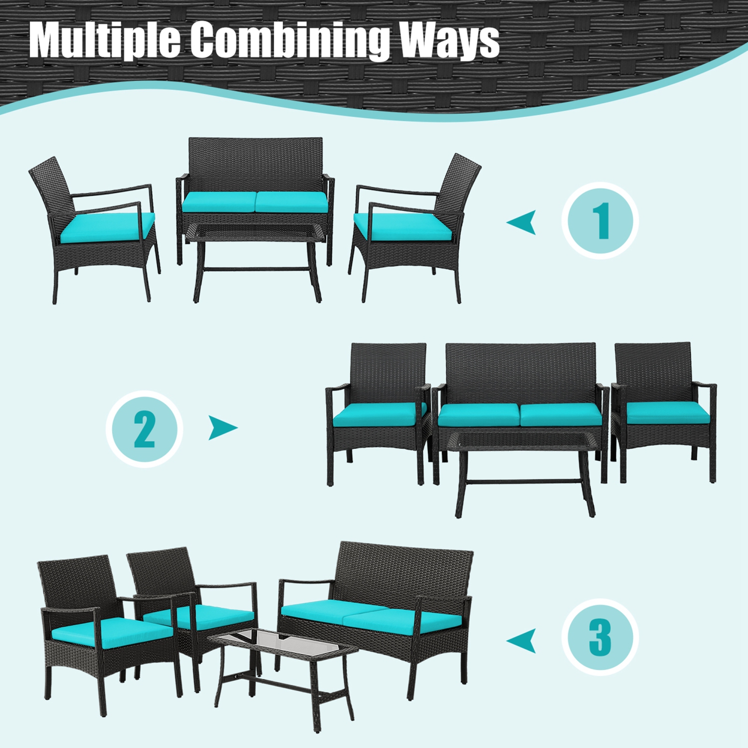 Costway 4PCS Patio Wicker Furniture Set Cushioned Chairs& Loveseat with Coffee Table Garden