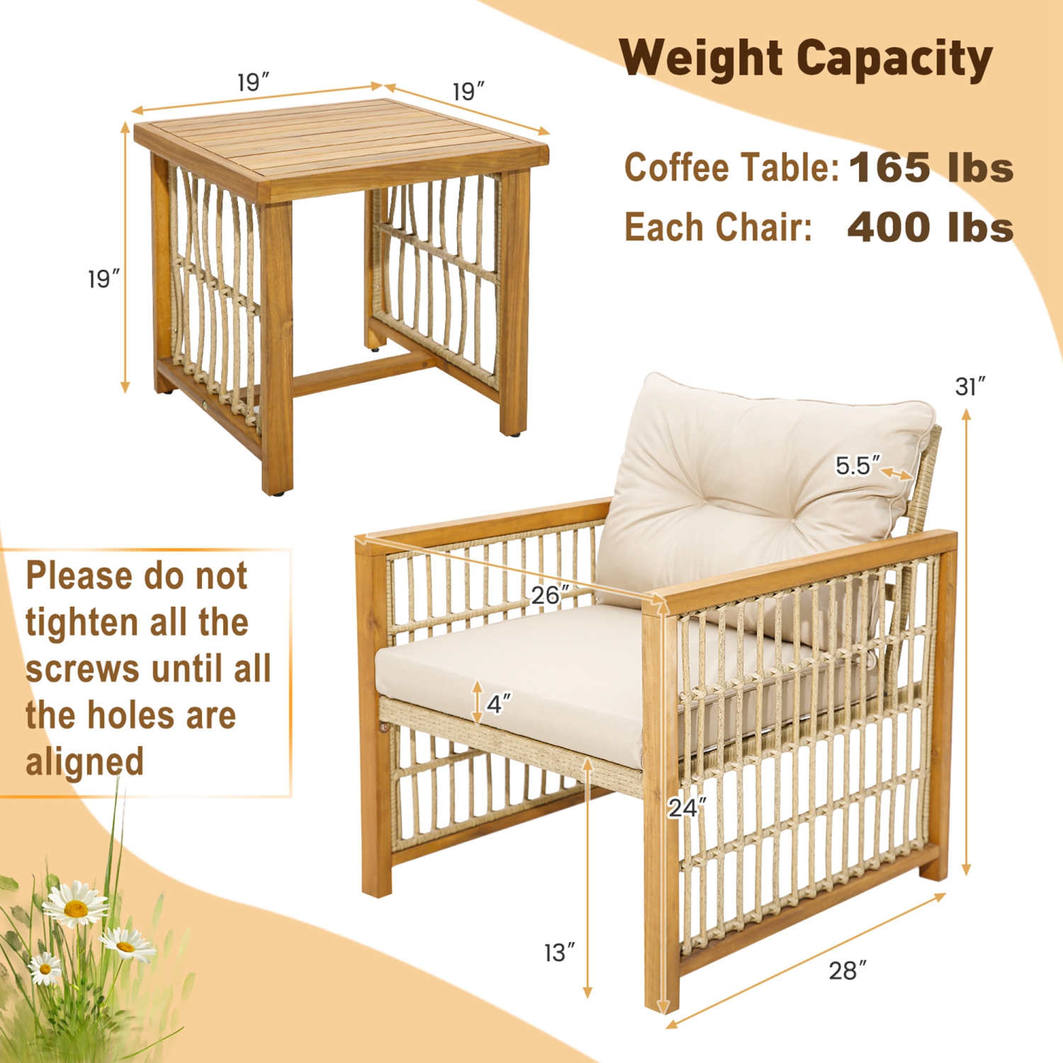 Ensemble de patio en osier PE 3PCS de Costway avec cadre en bois d'acacia et coussins de siège et de dossier
