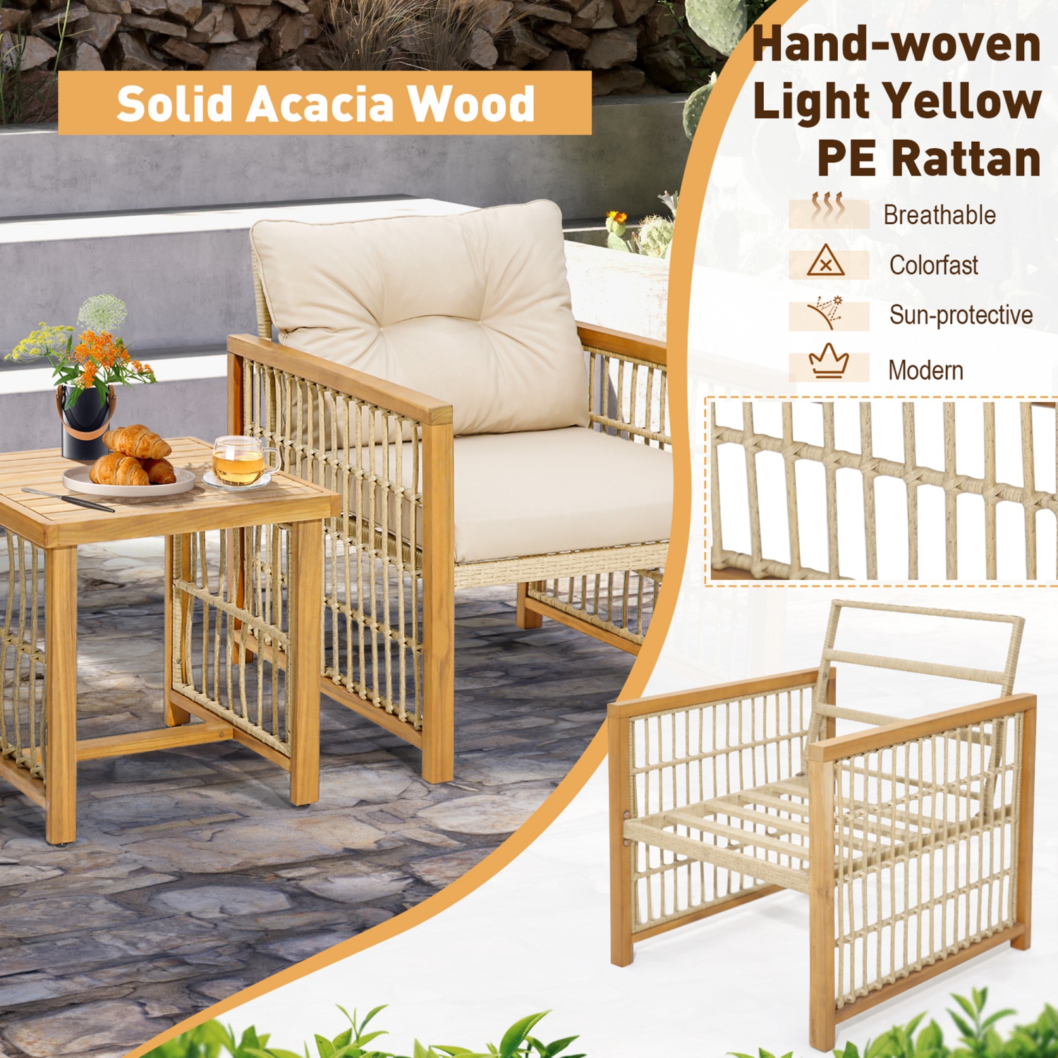 Ensemble de patio en osier PE 3PCS de Costway avec cadre en bois d'acacia et coussins de siège et de dossier