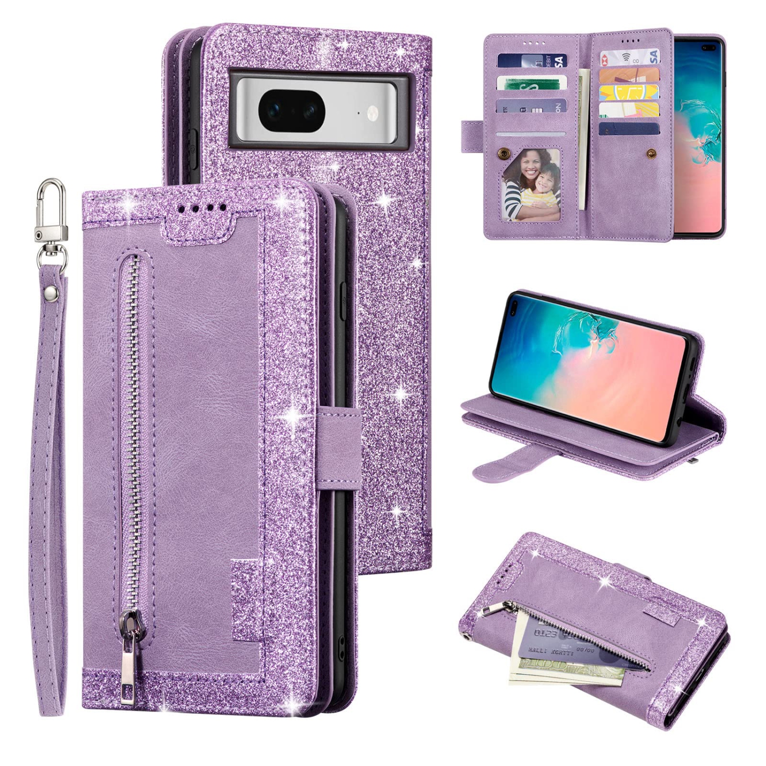 Wallet Case for Google Pixel Fold, Matte 9 Card Holder Slots Zipper Pocket Case PU Leather Magnetic Closure Kickstand with Wrist Strap Shockproof