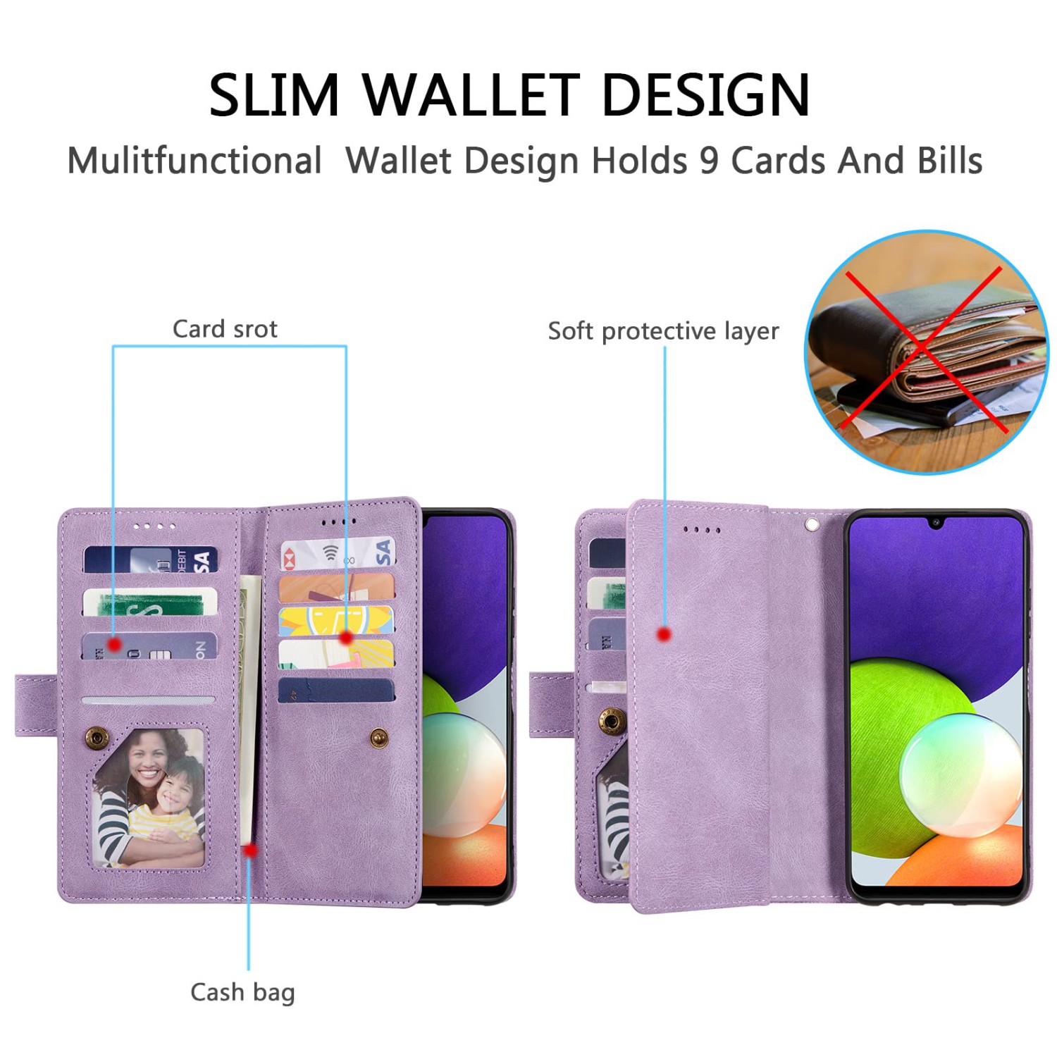 Étui portefeuille pour Pixel Fold de Google, 9 fentes pour cartes mat; Étui à fermeture à glissière; béquille en cuir de polyuréthane avec dragonne;