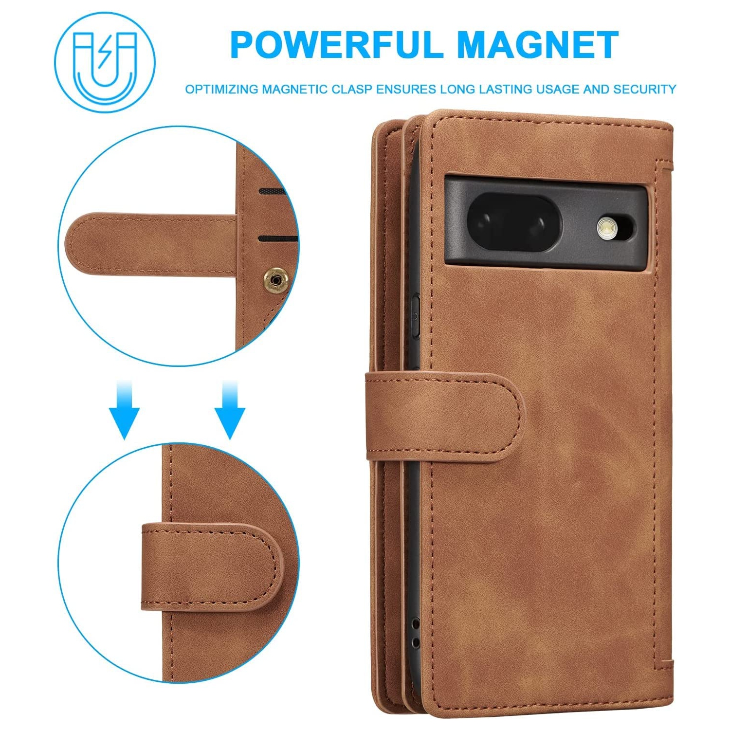 Étui portefeuille pour Pixel Fold de Google, 9 fentes pour cartes mat; Étui à fermeture à glissière; béquille en cuir de polyuréthane avec dragonne;