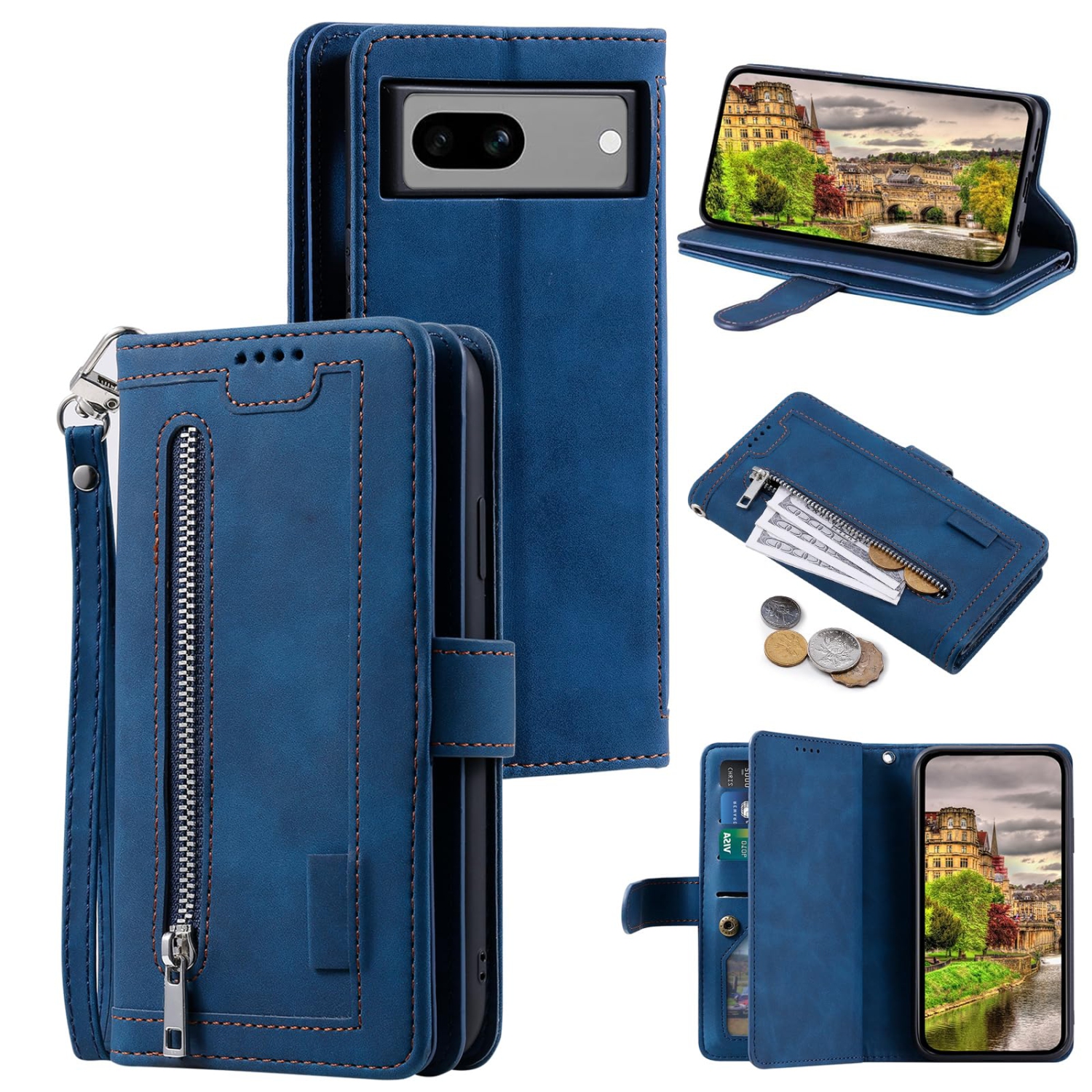 Wallet Case for Google Pixel Fold, Matte 9 Card Holder Slots Zipper Pocket Case PU Leather Magnetic Closure Kickstand with Wrist Strap Shockproof