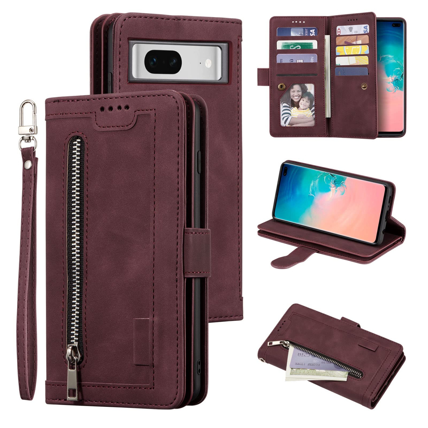 Étui portefeuille pour Pixel Fold de Google, 9 fentes pour cartes mat; Étui à fermeture à glissière; béquille en cuir de polyuréthane avec dragonne;